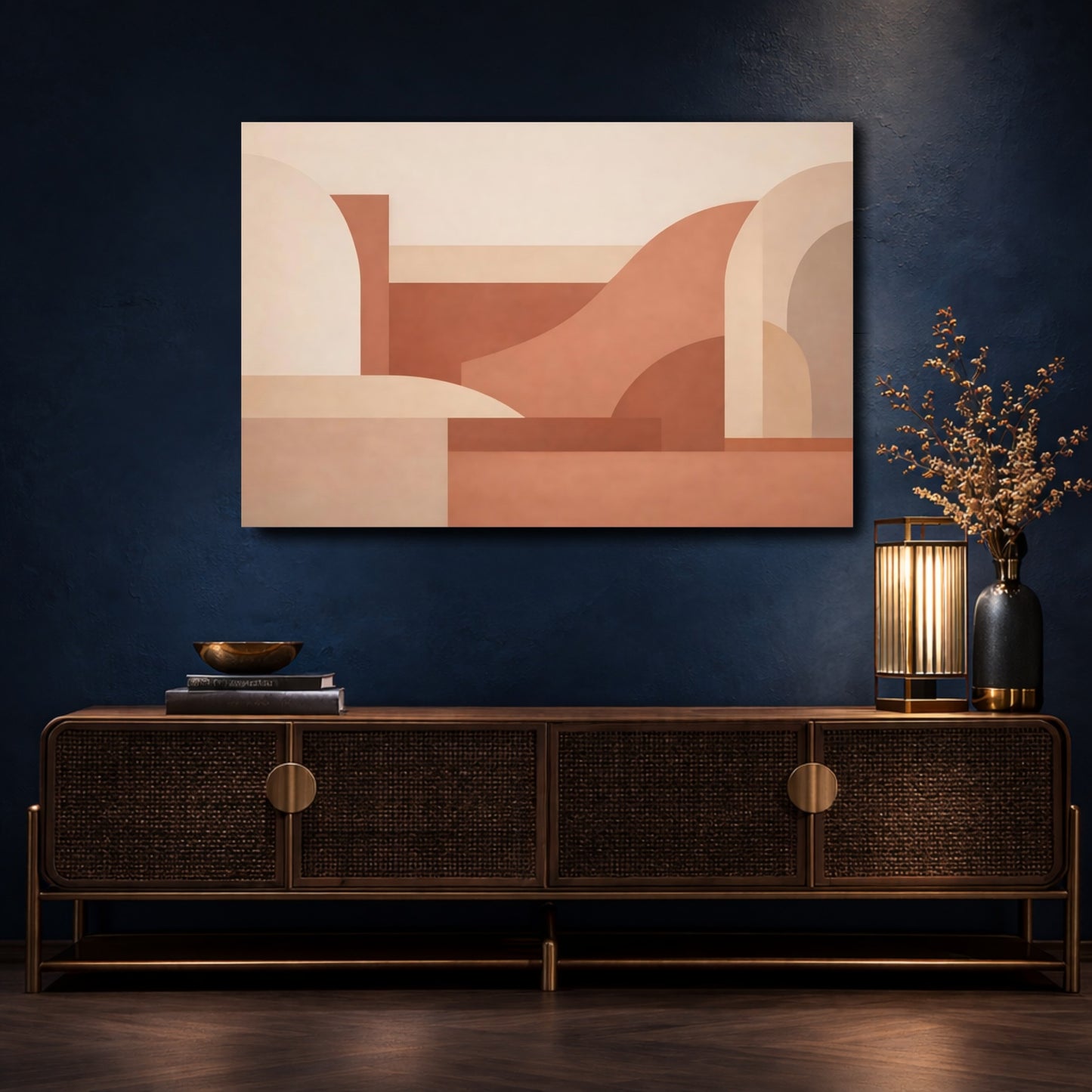Mockup 4. Abstract Geometric Shapes Terracotta Abstract shown as stretched canvas wall art