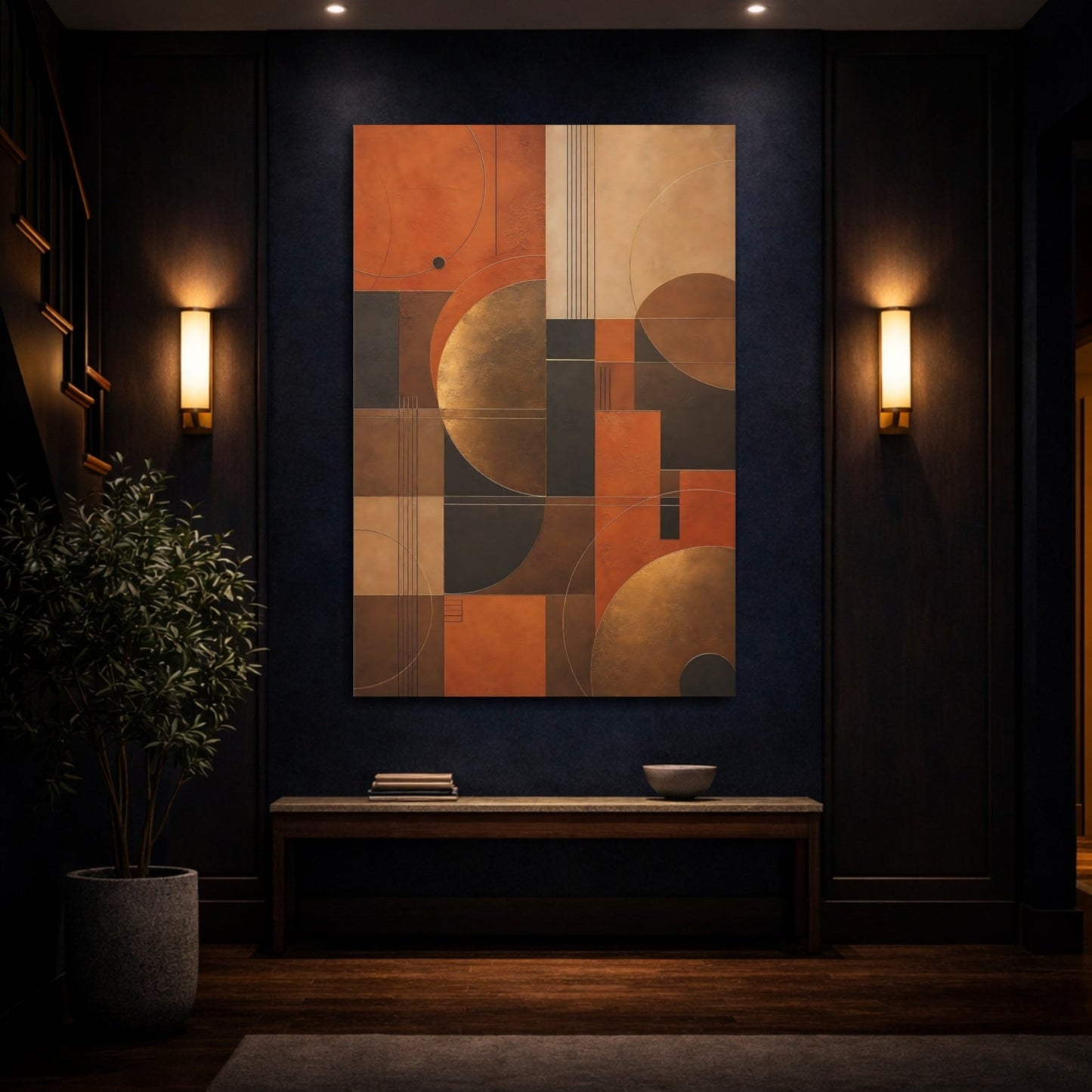 Abstract Geometric Shapes Terracotta And Gold Canvas Wall Art Print – Living Room, Above Console Table - YesArtYes