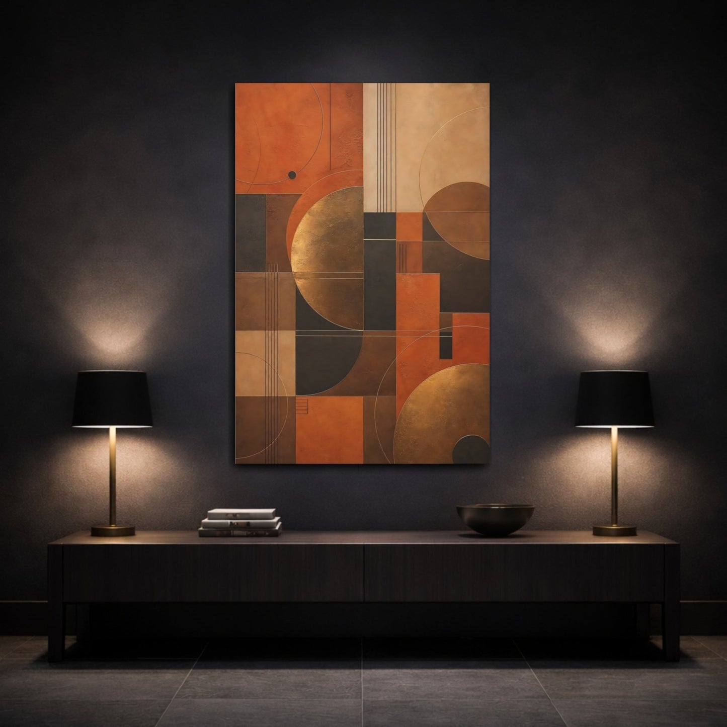 Abstract Geometric Shapes Terracotta And Gold Canvas Wall Art Print – Living Room, Above Console Table - YesArtYes