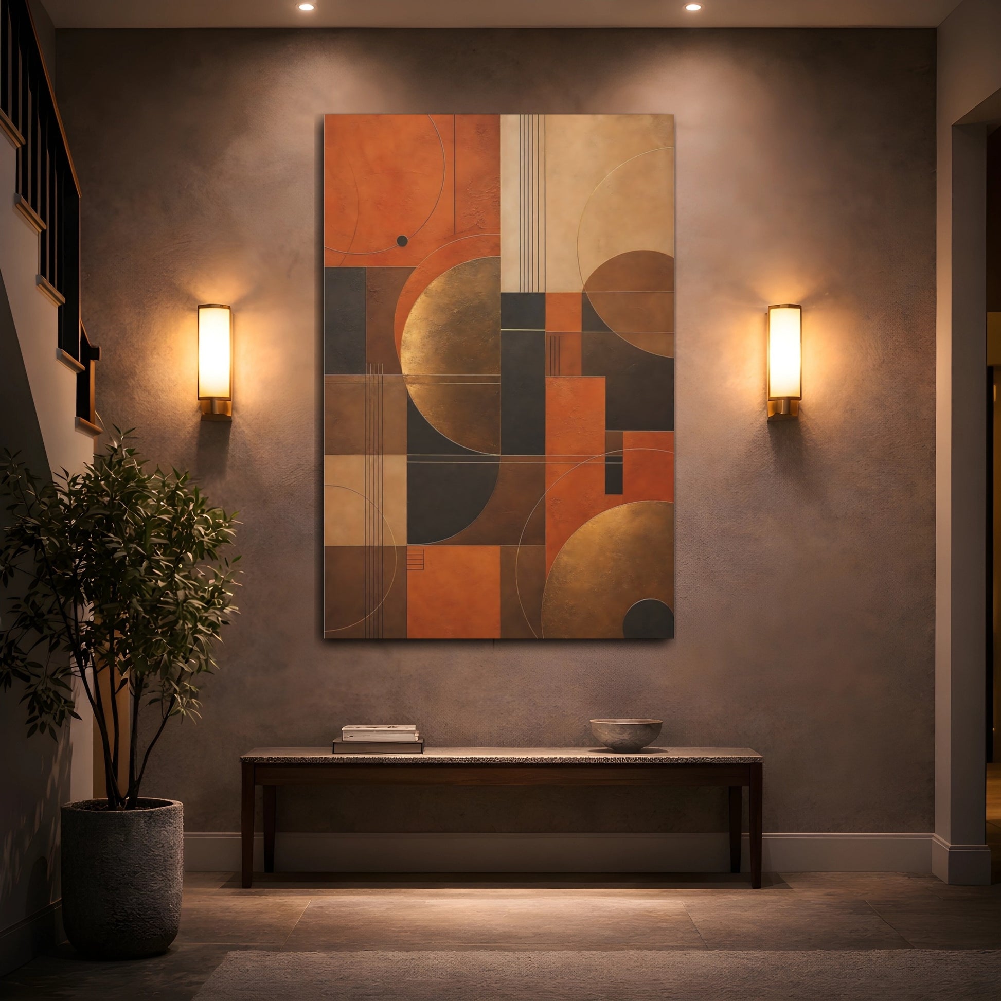 Mockup 2. Abstract Geometric Shapes Terracotta And Gold shown as stretched canvas wall art