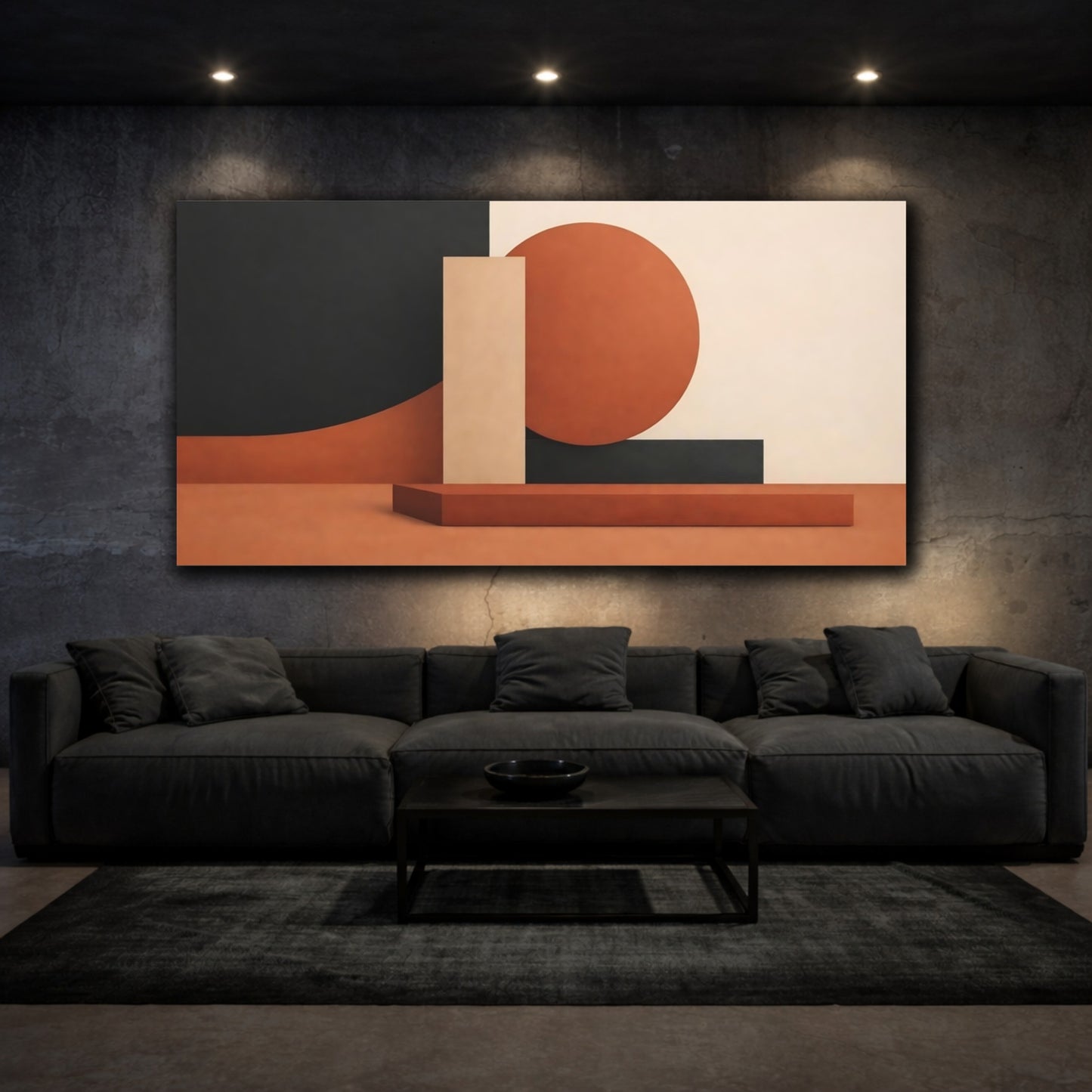 Mockup 2. Abstract Geometric Shapes Terracotta Brown Black shown as stretched canvas wall art