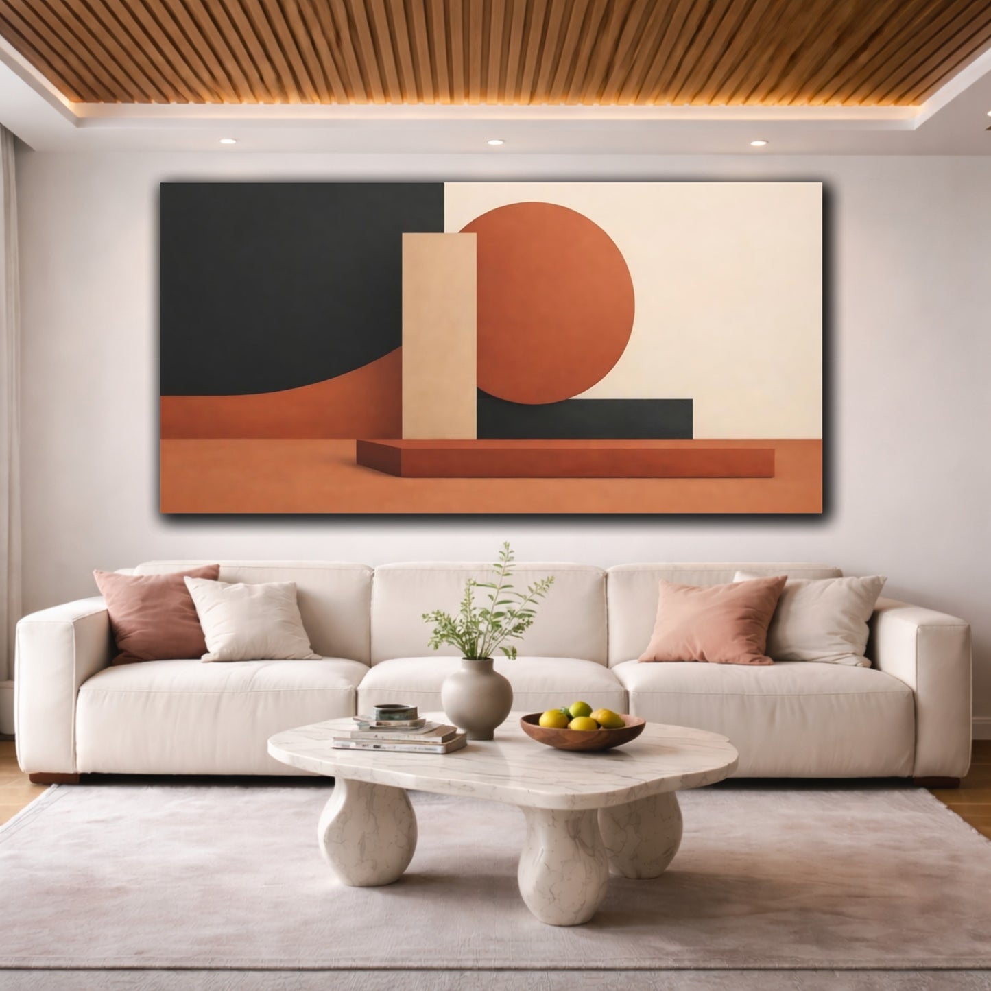 Mockup 3. Abstract Geometric Shapes Terracotta Brown Black shown as stretched canvas wall art