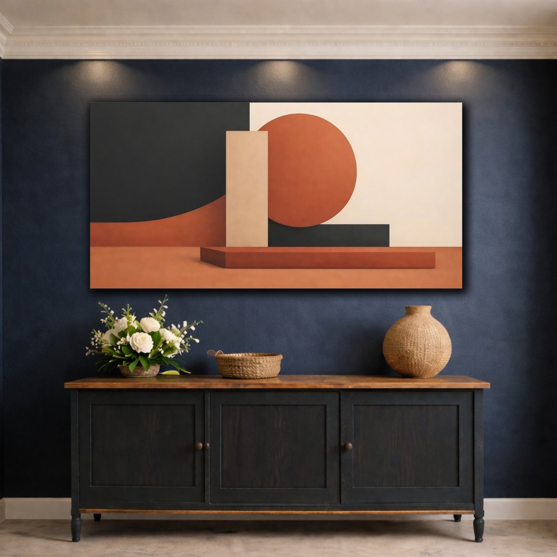 Mockup 4. Abstract Geometric Shapes Terracotta Brown Black shown as stretched canvas wall art