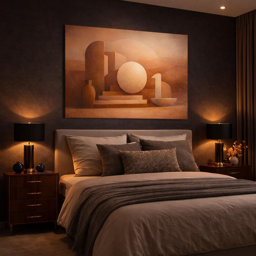 Abstract Geometric Shapes Terracotta Geometry shown as canvas wall art in a luxury bedroom