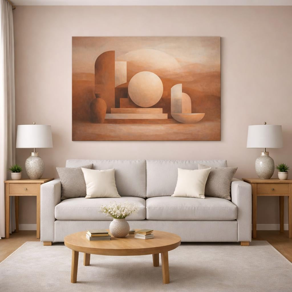 Abstract Geometric Shapes Terracotta Geometry shown as canvas wall art in a modern living room