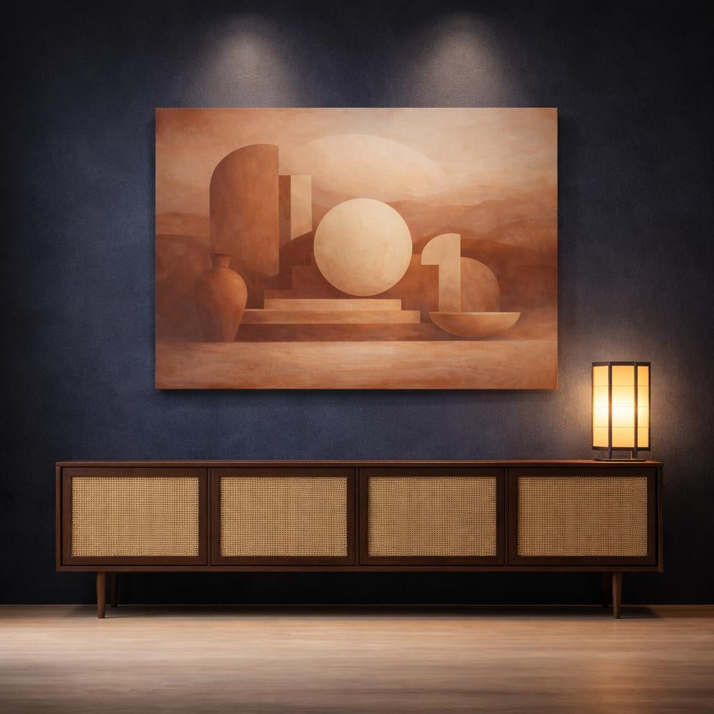 Abstract Geometric Shapes Terracotta Geometry shown as canvas wall art in a luxury executive office