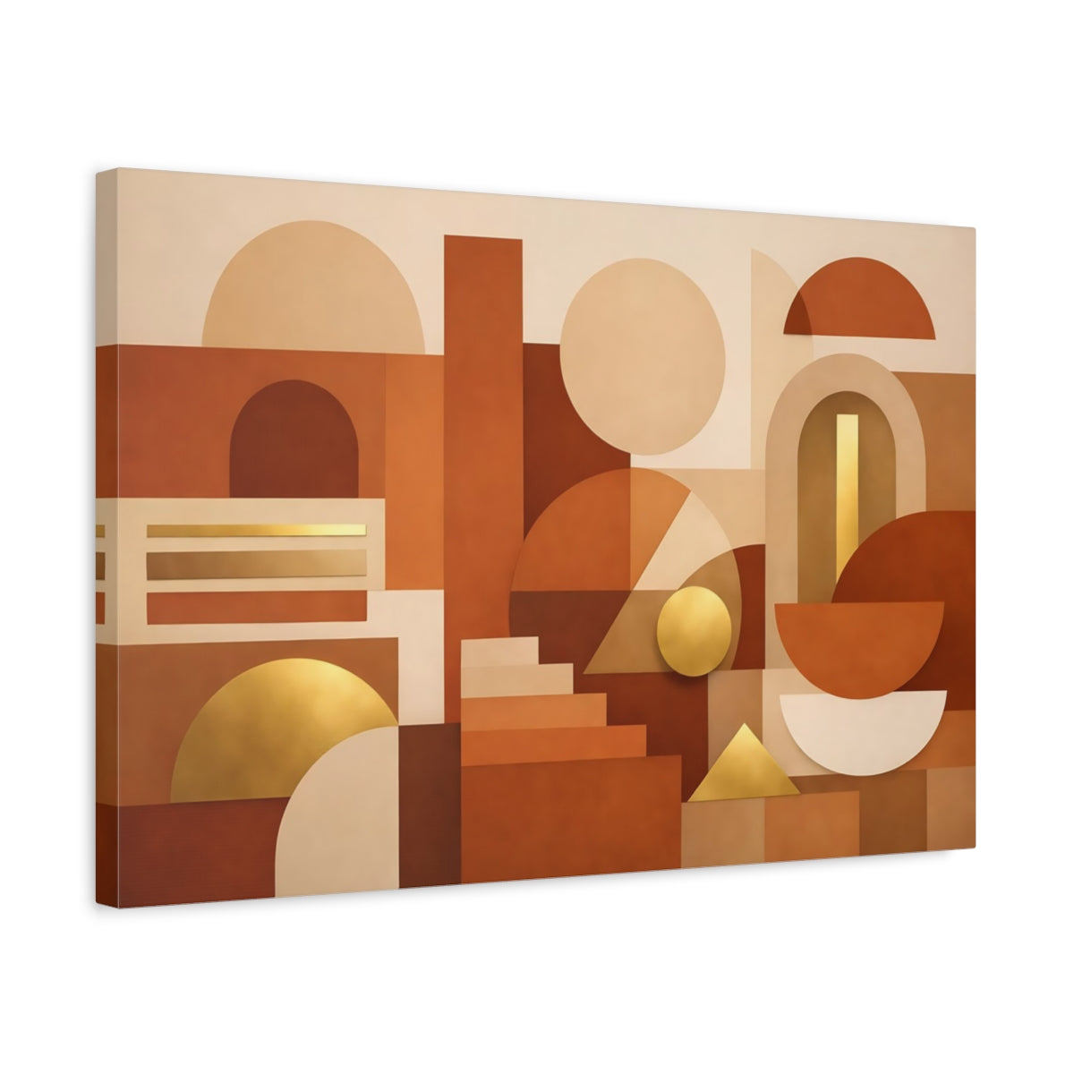 Side Mockup 3. Abstract Geometric Shapes Terracotta Gold shown as stretched canvas wall art