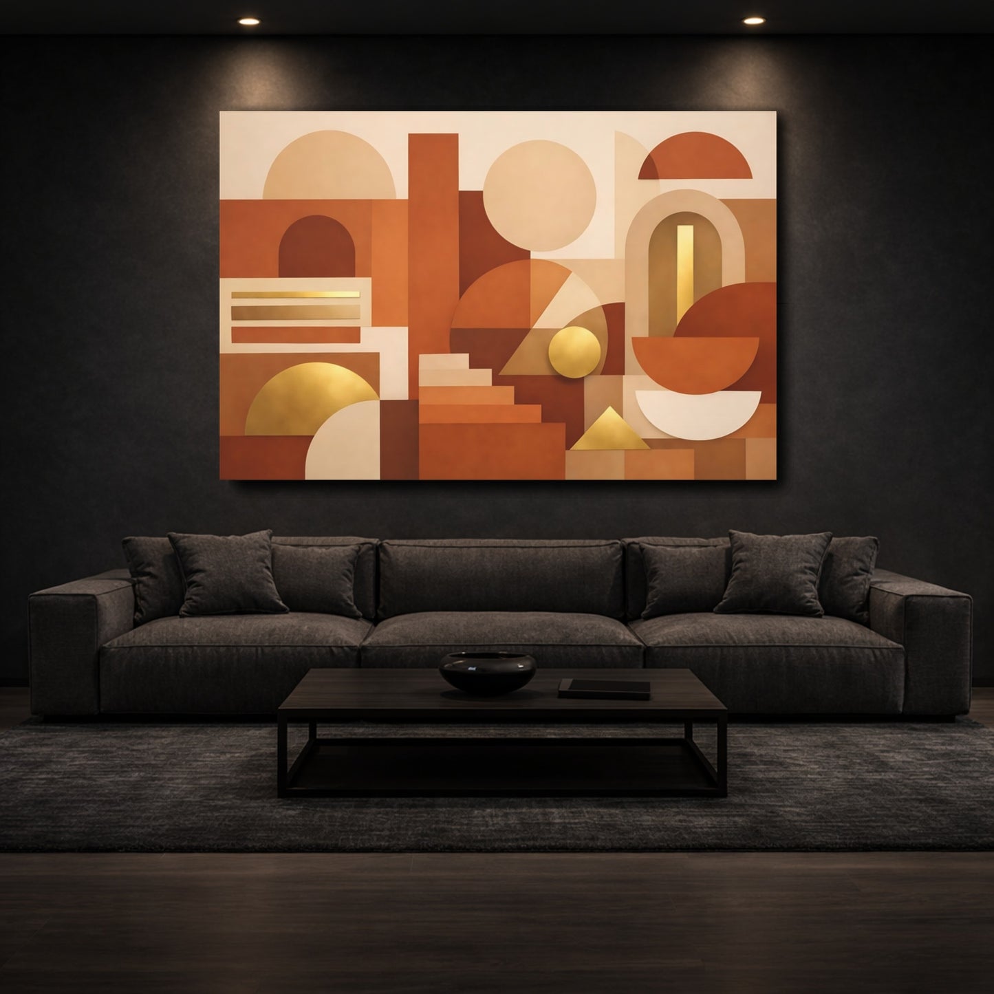 Mockup 2. Abstract Geometric Shapes Terracotta Gold shown as stretched canvas wall art