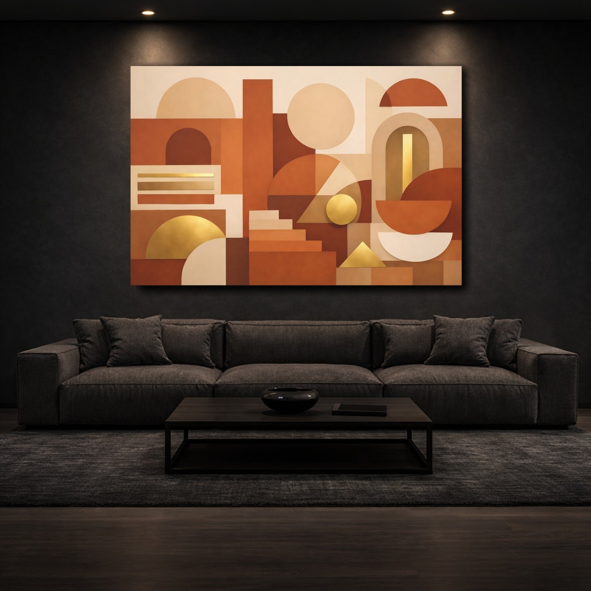 Mockup 2. Abstract Geometric Shapes Terracotta Gold shown as stretched canvas wall art