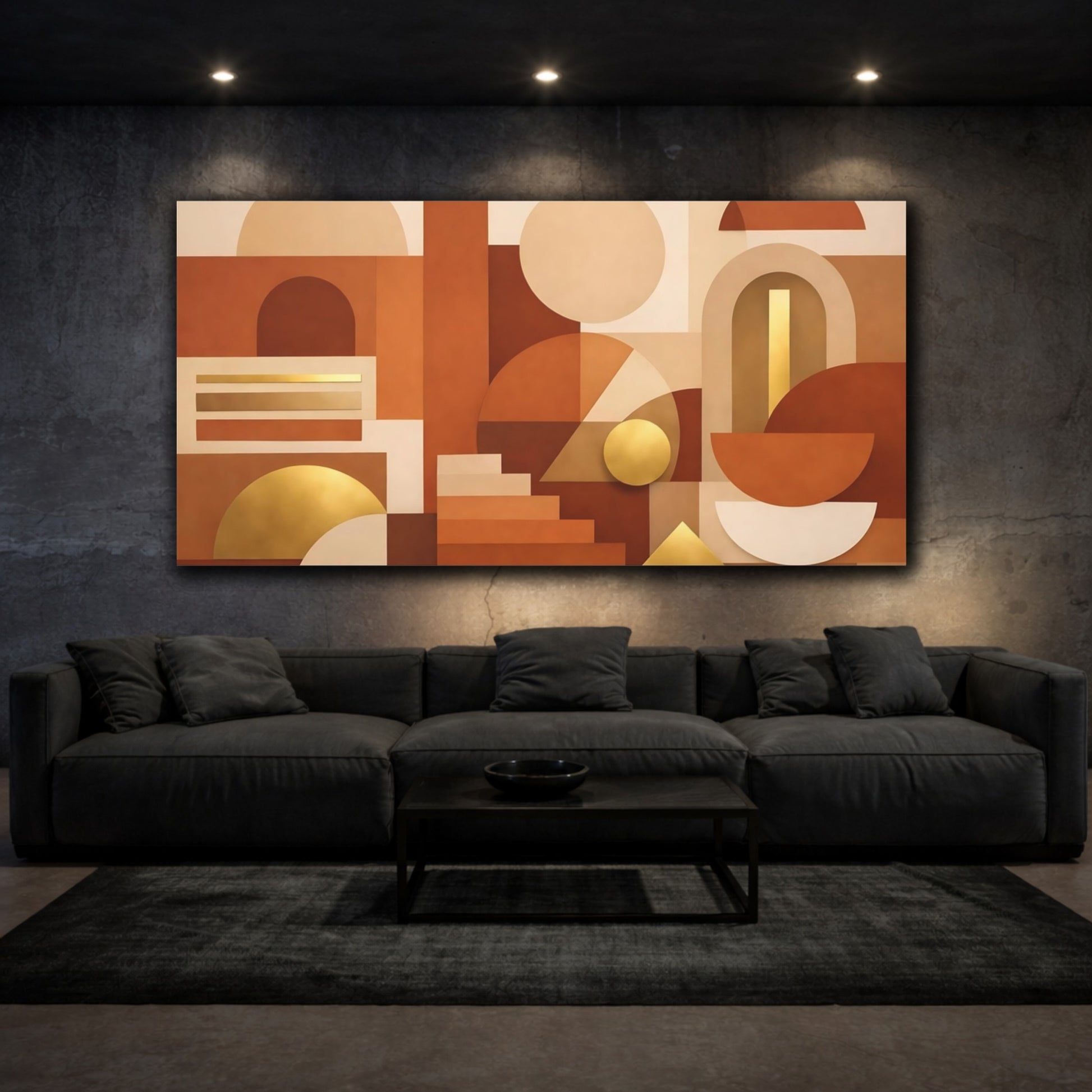 Mockup 2. Abstract Geometric Shapes Terracotta Gold shown as stretched canvas wall art