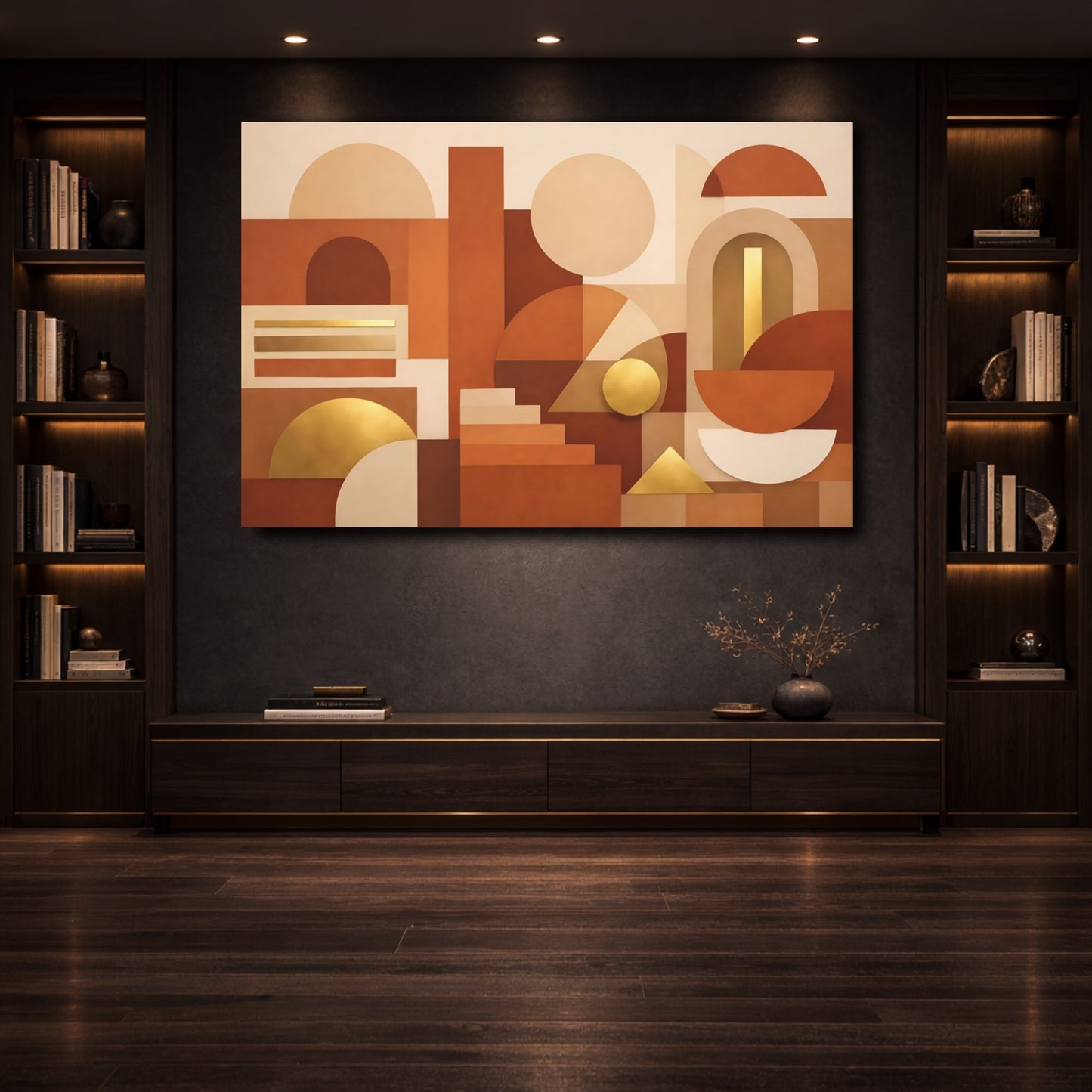 Mockup 3. Abstract Geometric Shapes Terracotta Gold shown as stretched canvas wall art