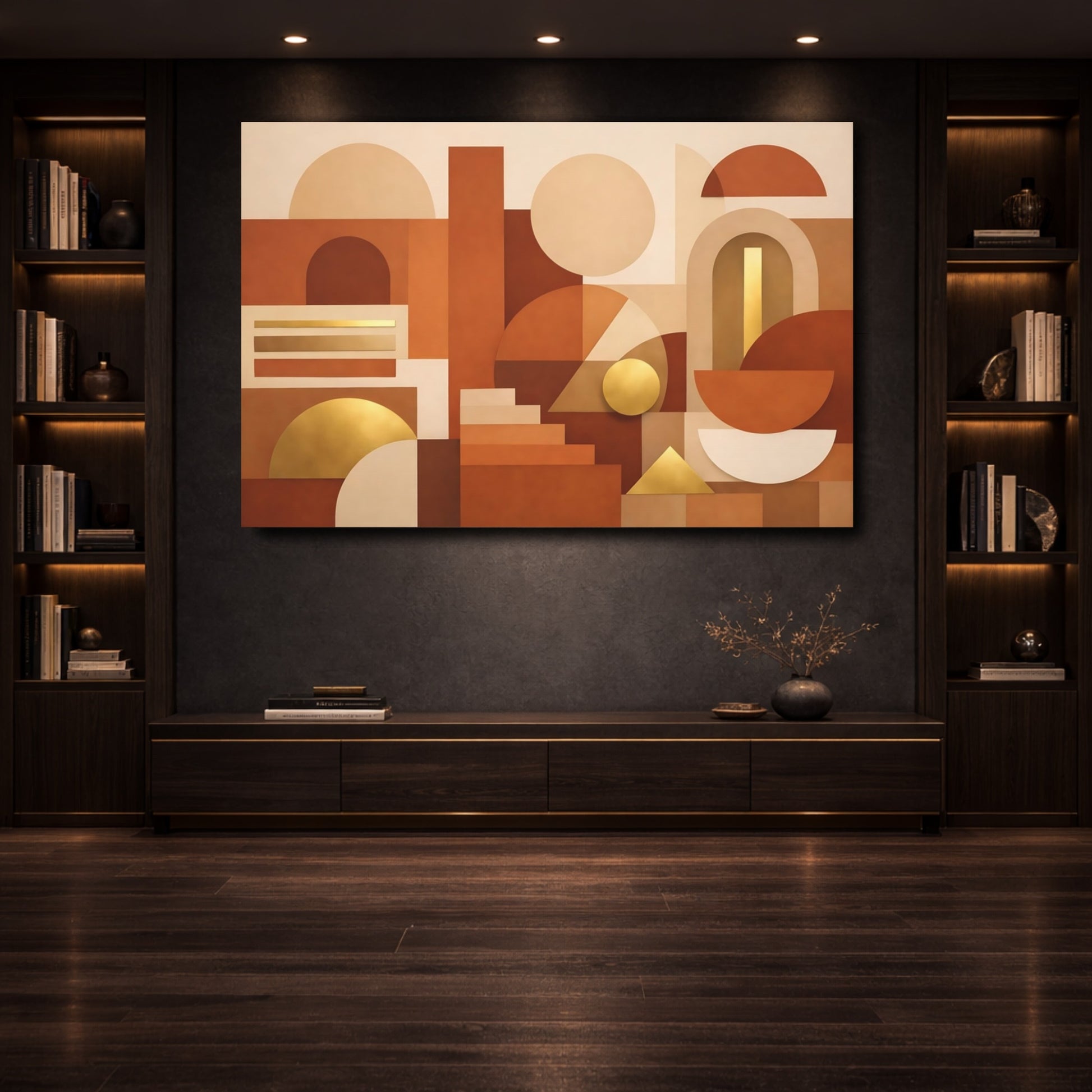 Mockup 3. Abstract Geometric Shapes Terracotta Gold shown as stretched canvas wall art