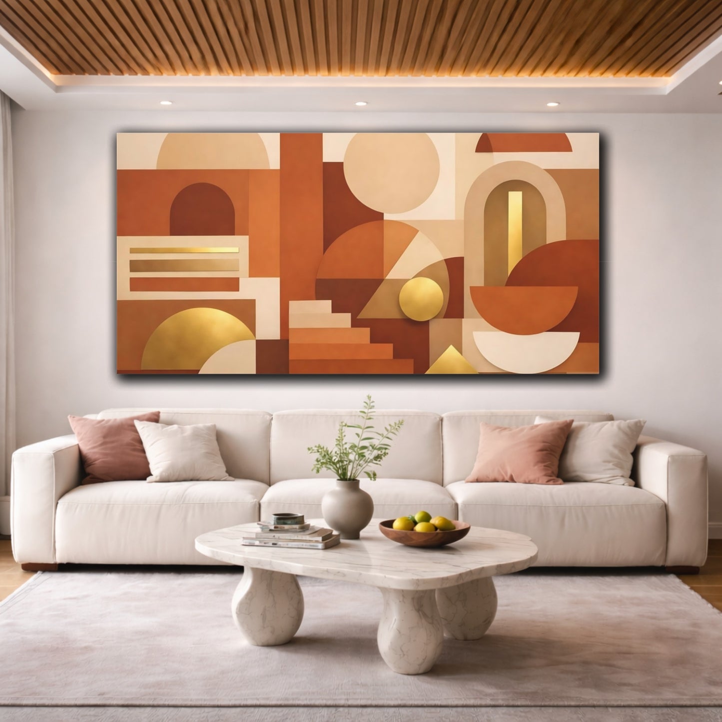 Mockup 3. Abstract Geometric Shapes Terracotta Gold shown as stretched canvas wall art