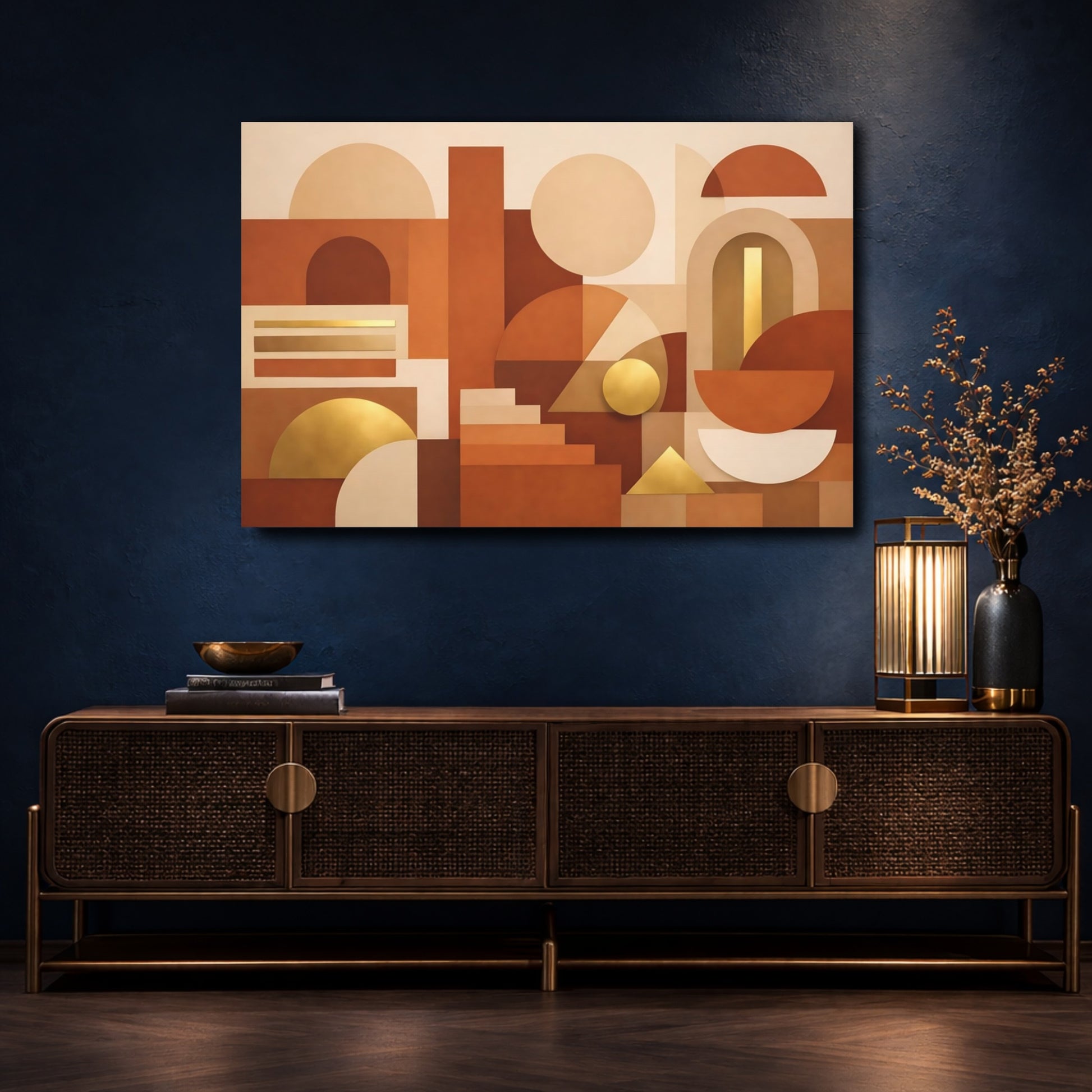 Mockup 4. Abstract Geometric Shapes Terracotta Gold shown as stretched canvas wall art