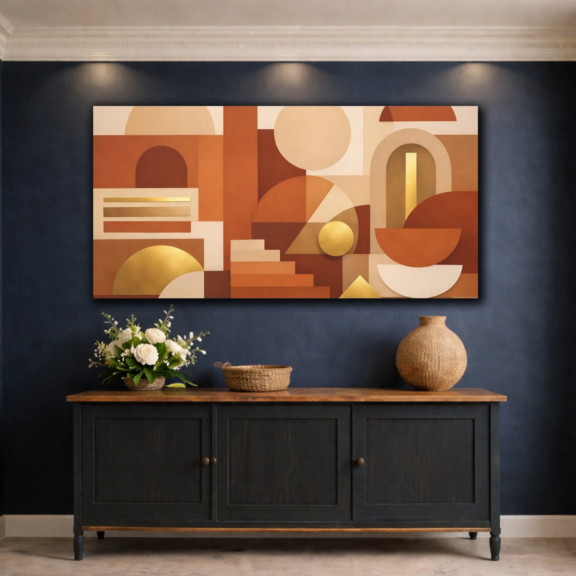 Mockup 4. Abstract Geometric Shapes Terracotta Gold shown as stretched canvas wall art