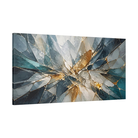 Main Mockup. Abstract Geometric Shards Teal And Gold Abstract shown as stretched canvas wall art