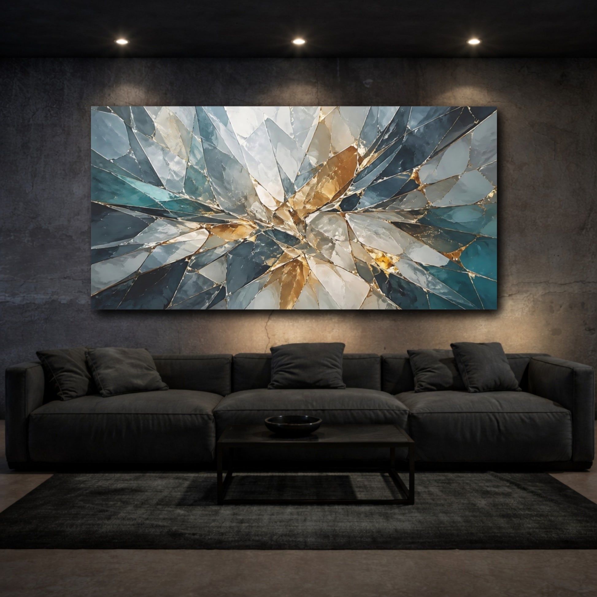 Mockup 2. Abstract Geometric Shards Teal And Gold Abstract shown as stretched canvas wall art