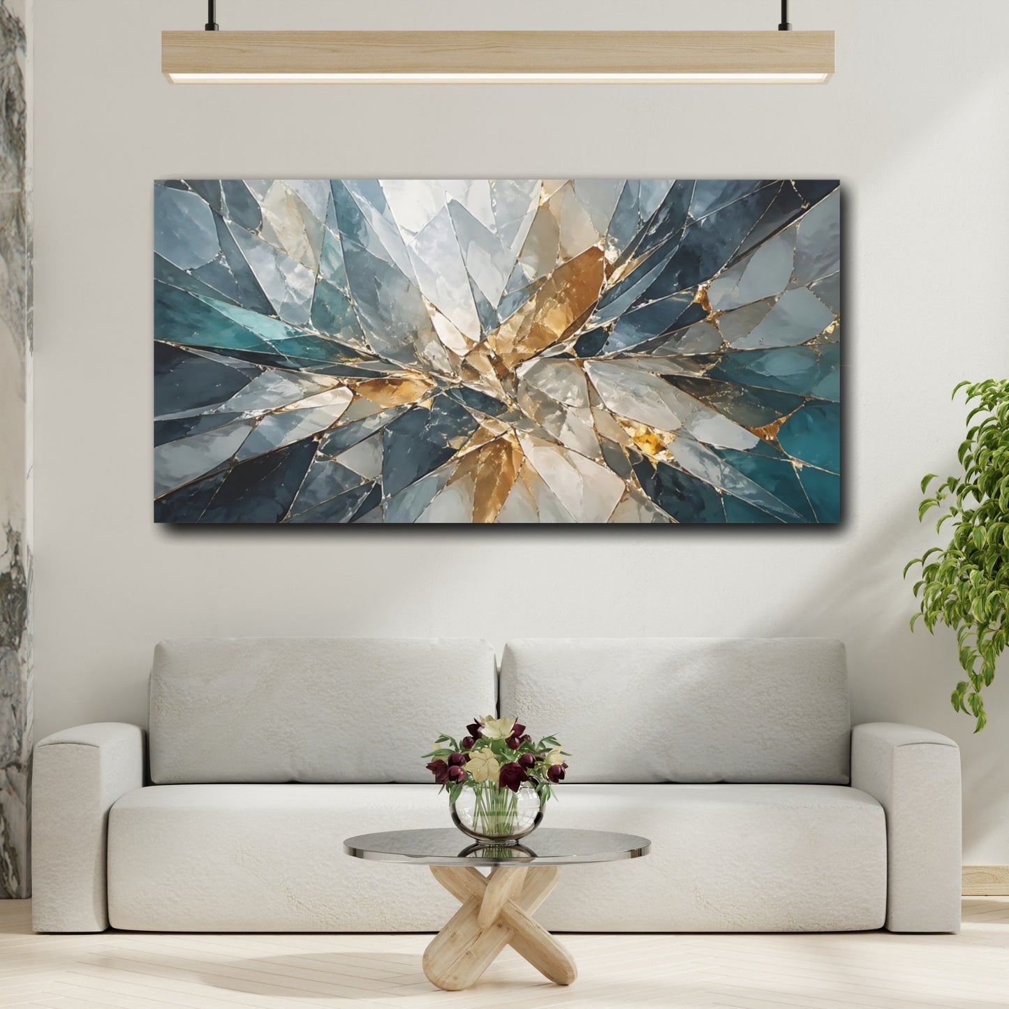 Mockup 3. Abstract Geometric Shards Teal And Gold Abstract shown as stretched canvas wall art