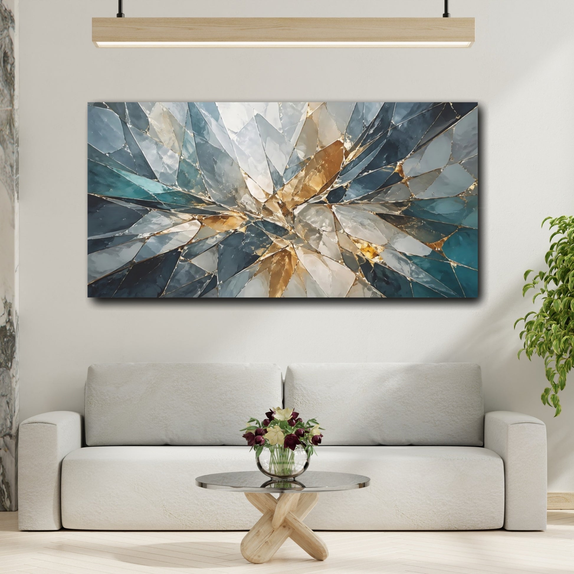 Mockup 3. Abstract Geometric Shards Teal And Gold Abstract shown as stretched canvas wall art