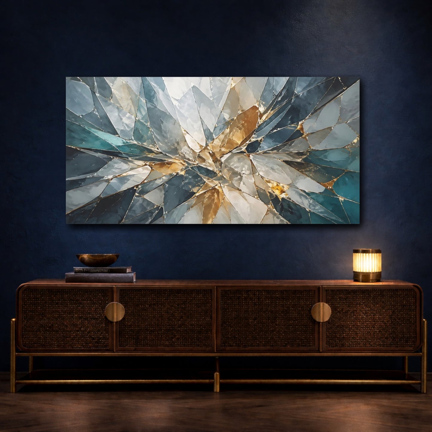 Mockup 4. Abstract Geometric Shards Teal And Gold Abstract shown as stretched canvas wall art