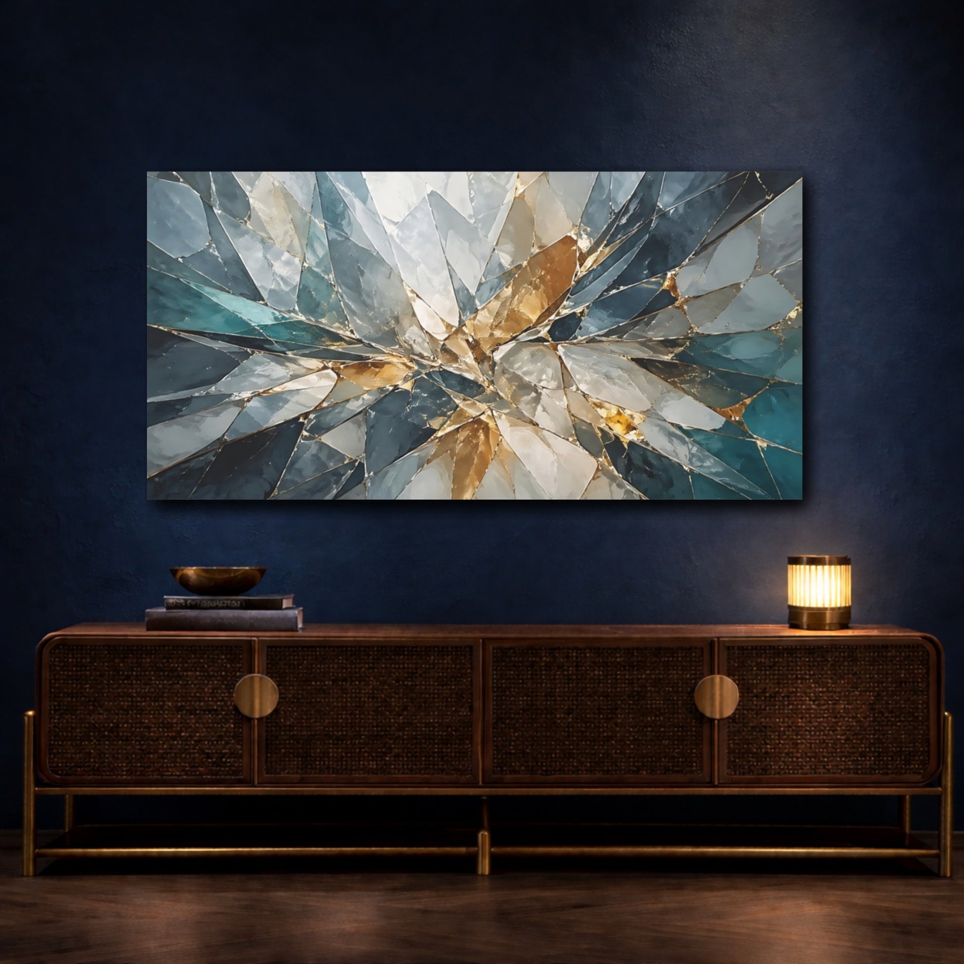 Mockup 4. Abstract Geometric Shards Teal And Gold Abstract shown as stretched canvas wall art