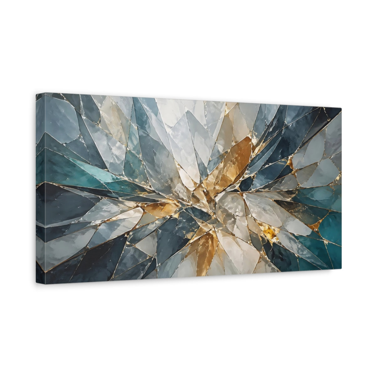 Side Mockup 3. Abstract Geometric Shards Teal And Gold Abstract shown as stretched canvas wall art