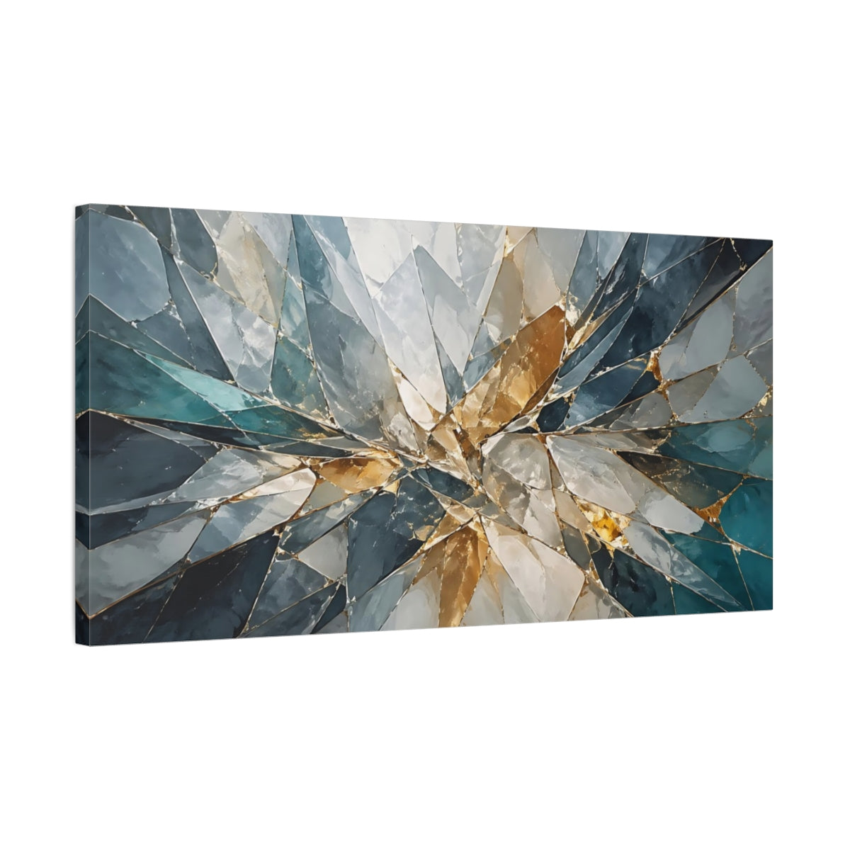 Side Mockup 1. Abstract Geometric Shards Teal And Gold Abstract shown as stretched canvas wall art