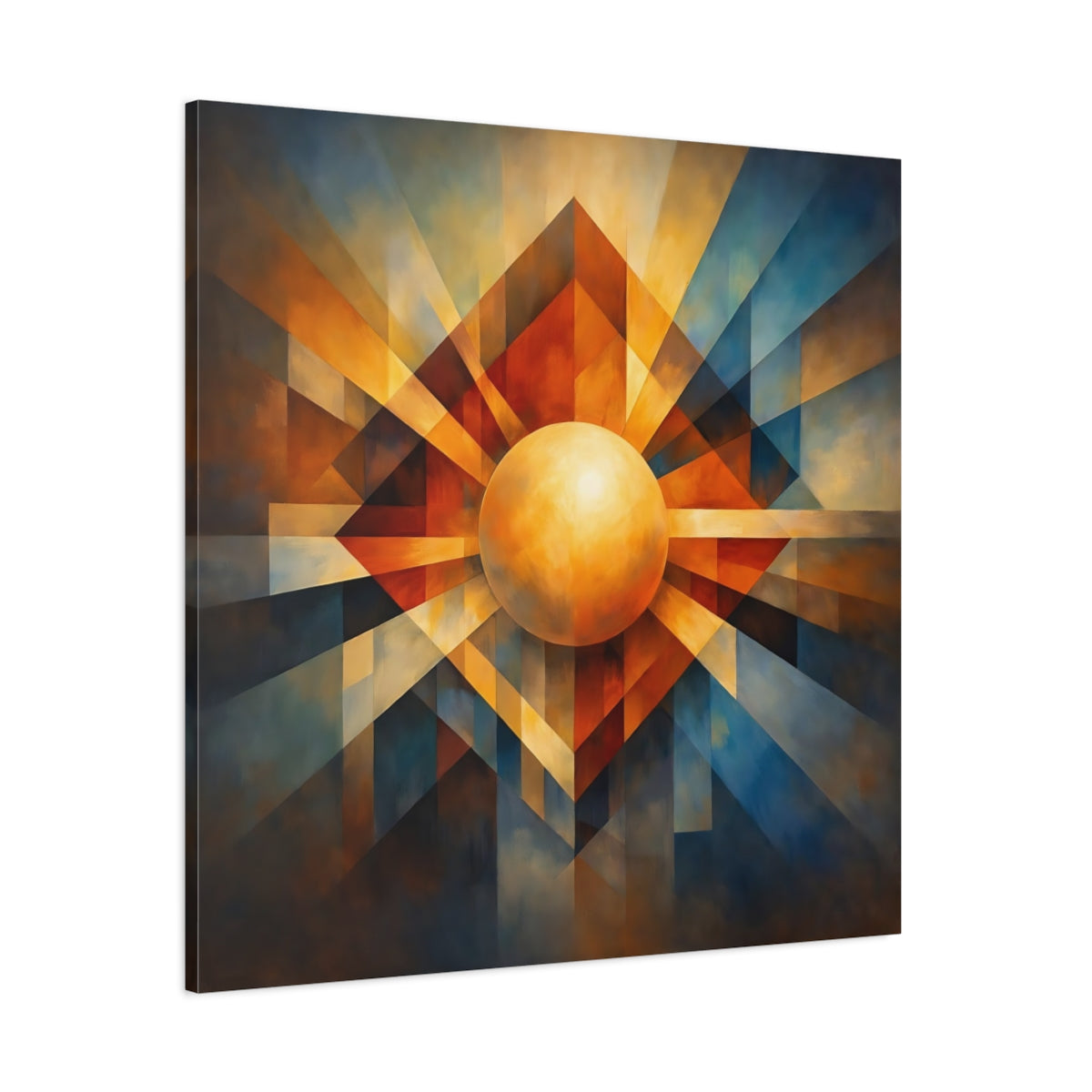 Main Mockup. Abstract Geometric Sphere Warm Blue Orange shown as stretched canvas wall art