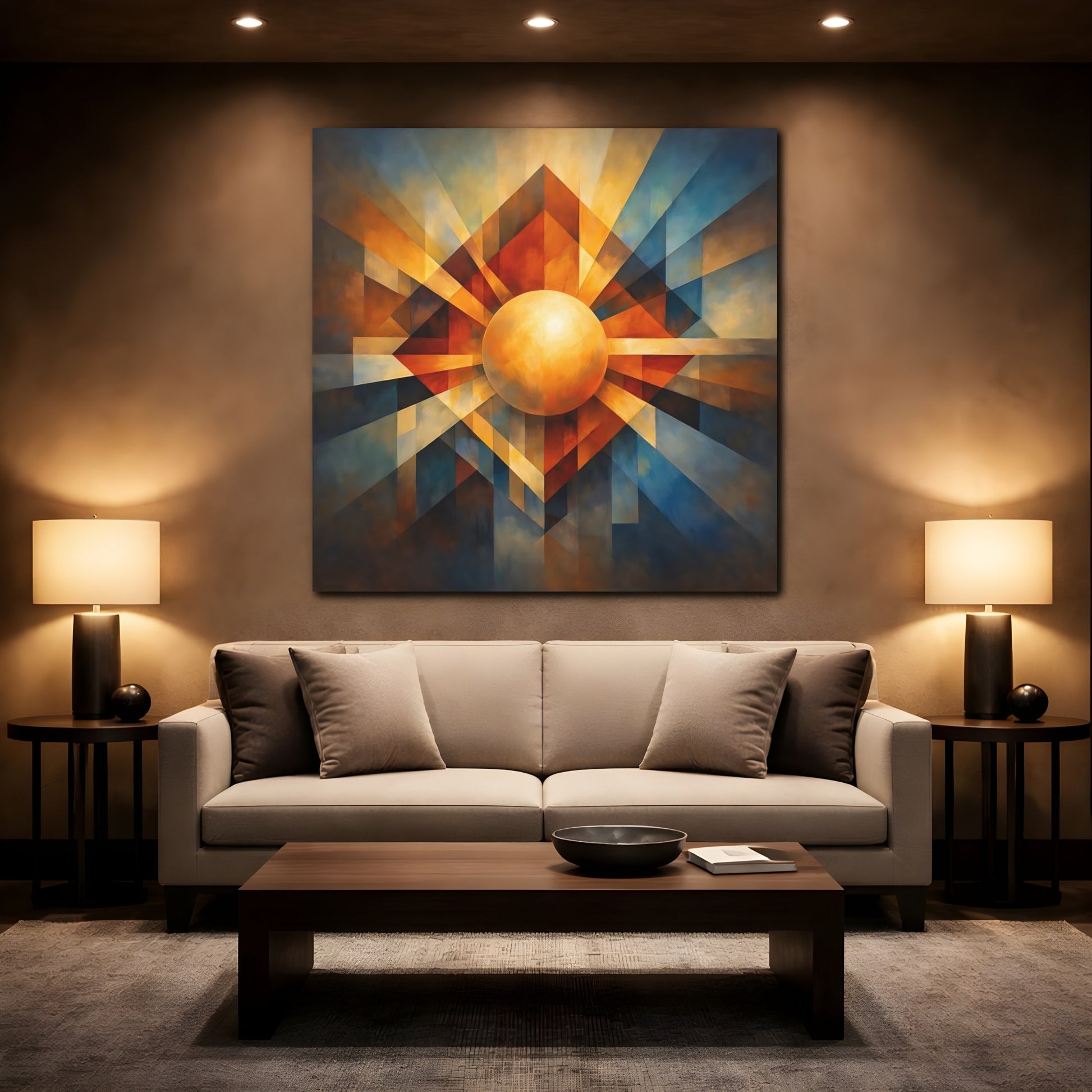 Mockup 2. Abstract Geometric Sphere Warm Blue Orange shown as stretched canvas wall art