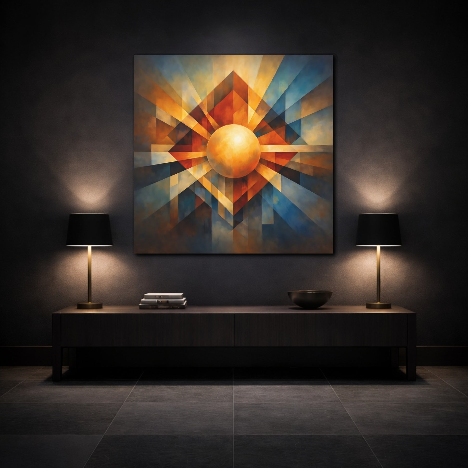 Mockup 3. Abstract Geometric Sphere Warm Blue Orange shown as stretched canvas wall art