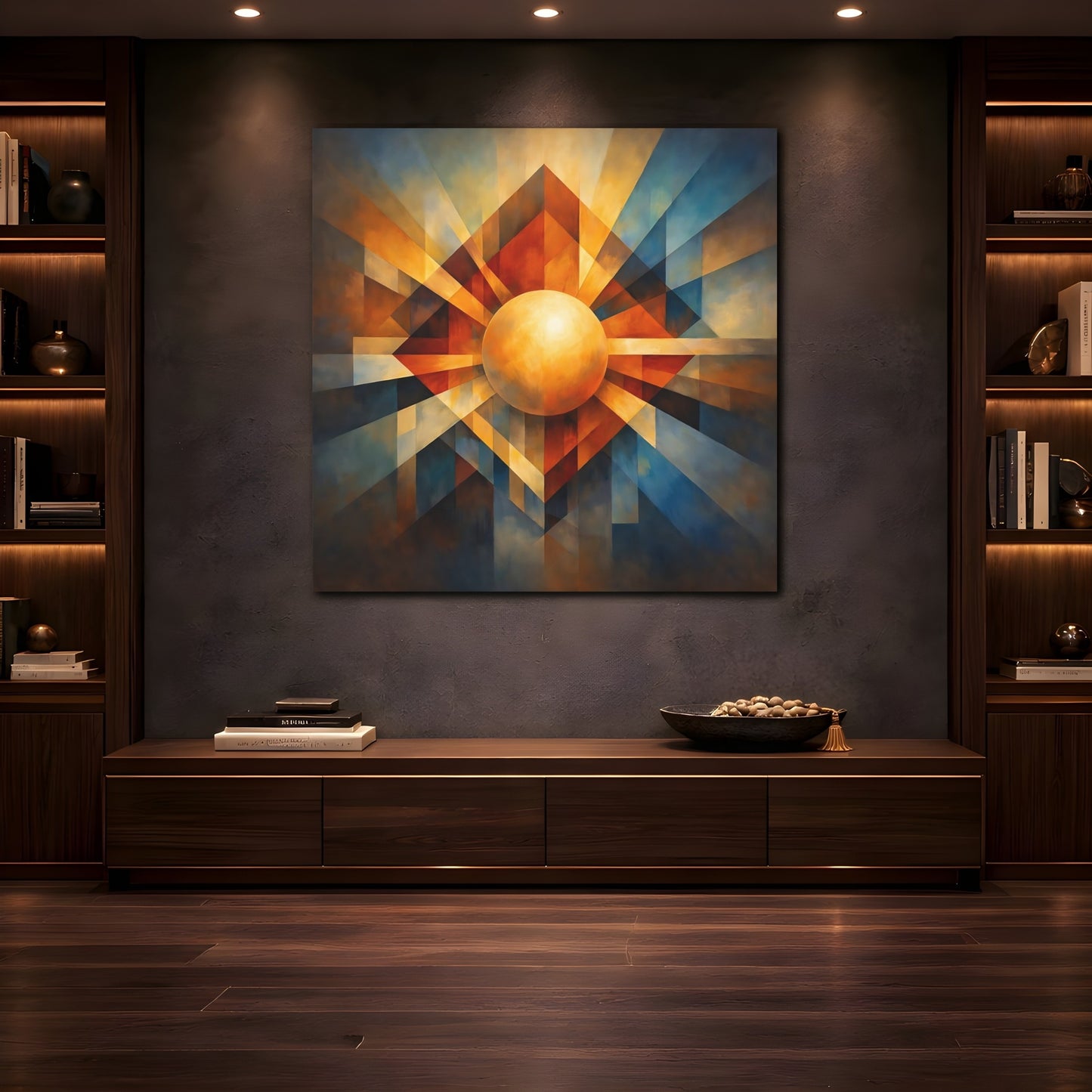 Mockup 4. Abstract Geometric Sphere Warm Blue Orange shown as stretched canvas wall art