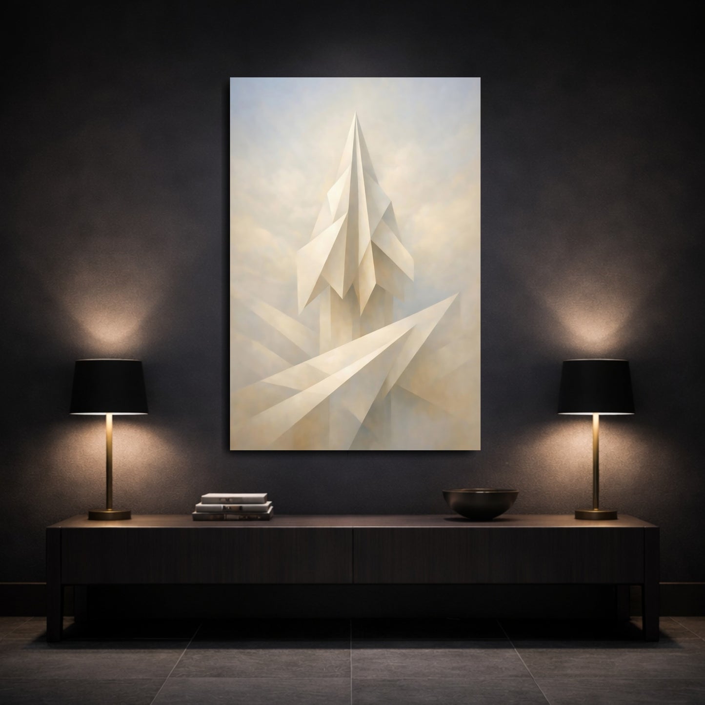 Mockup 2. Abstract Geometric Structure Cream White Abstract shown as stretched canvas wall art