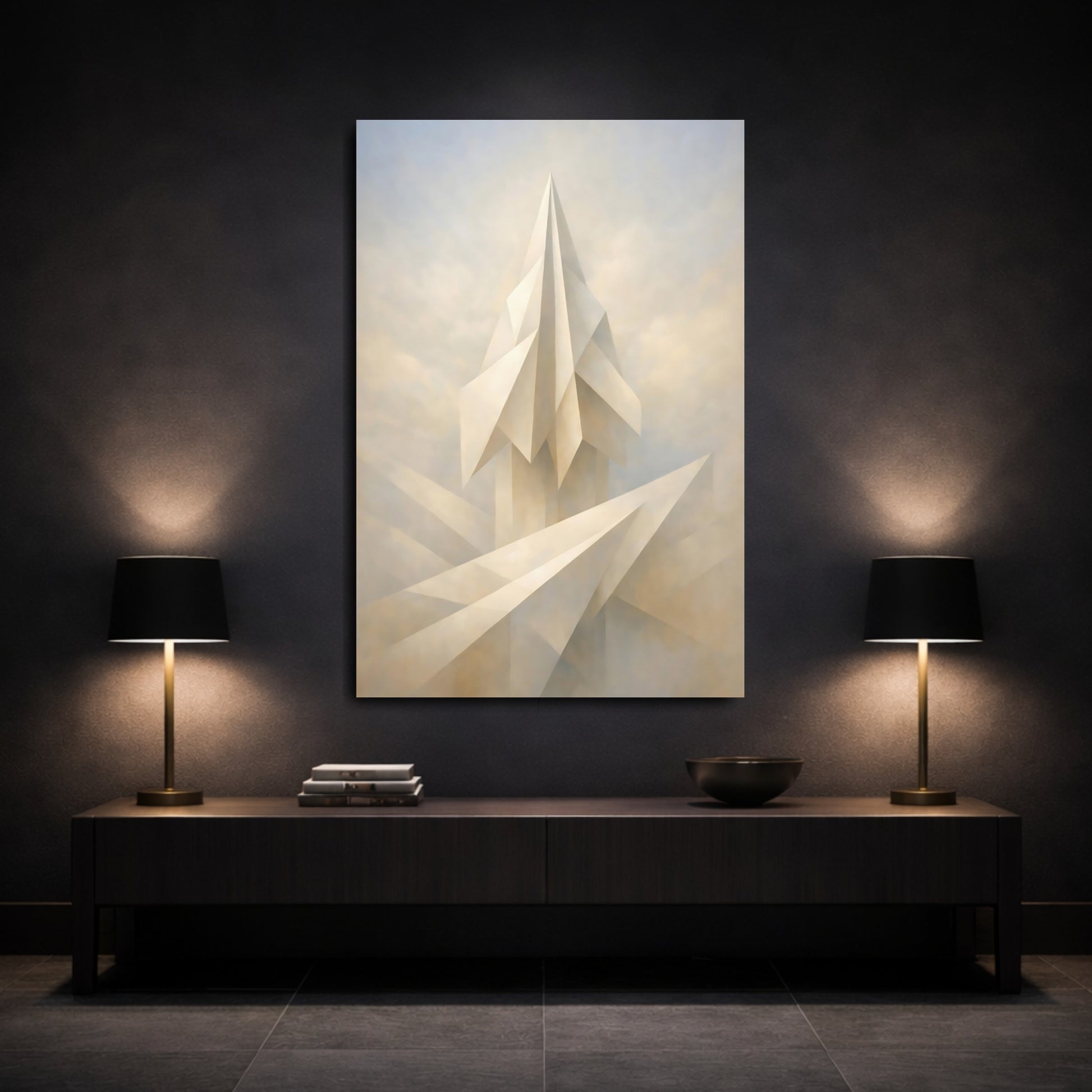 Mockup 2. Abstract Geometric Structure Cream White Abstract shown as stretched canvas wall art