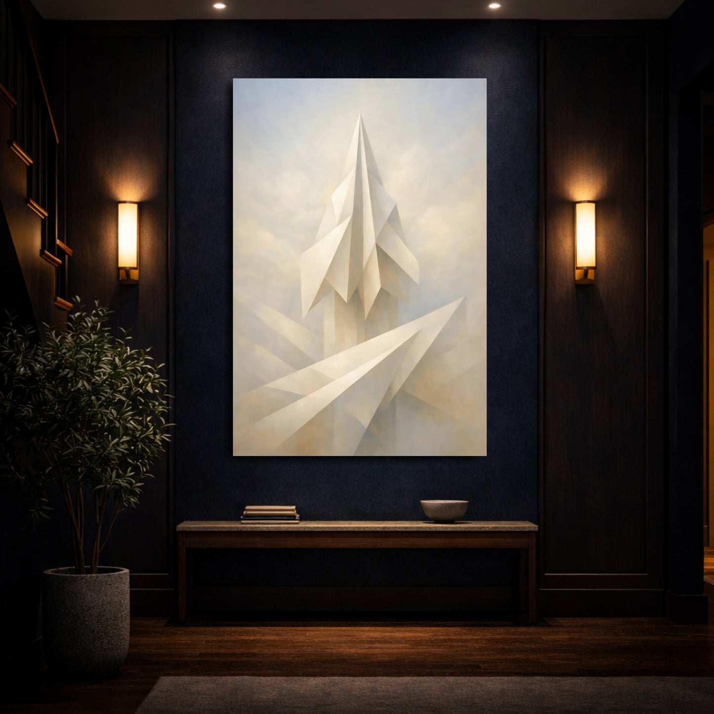 Mockup 3. Abstract Geometric Structure Cream White Abstract shown as stretched canvas wall art