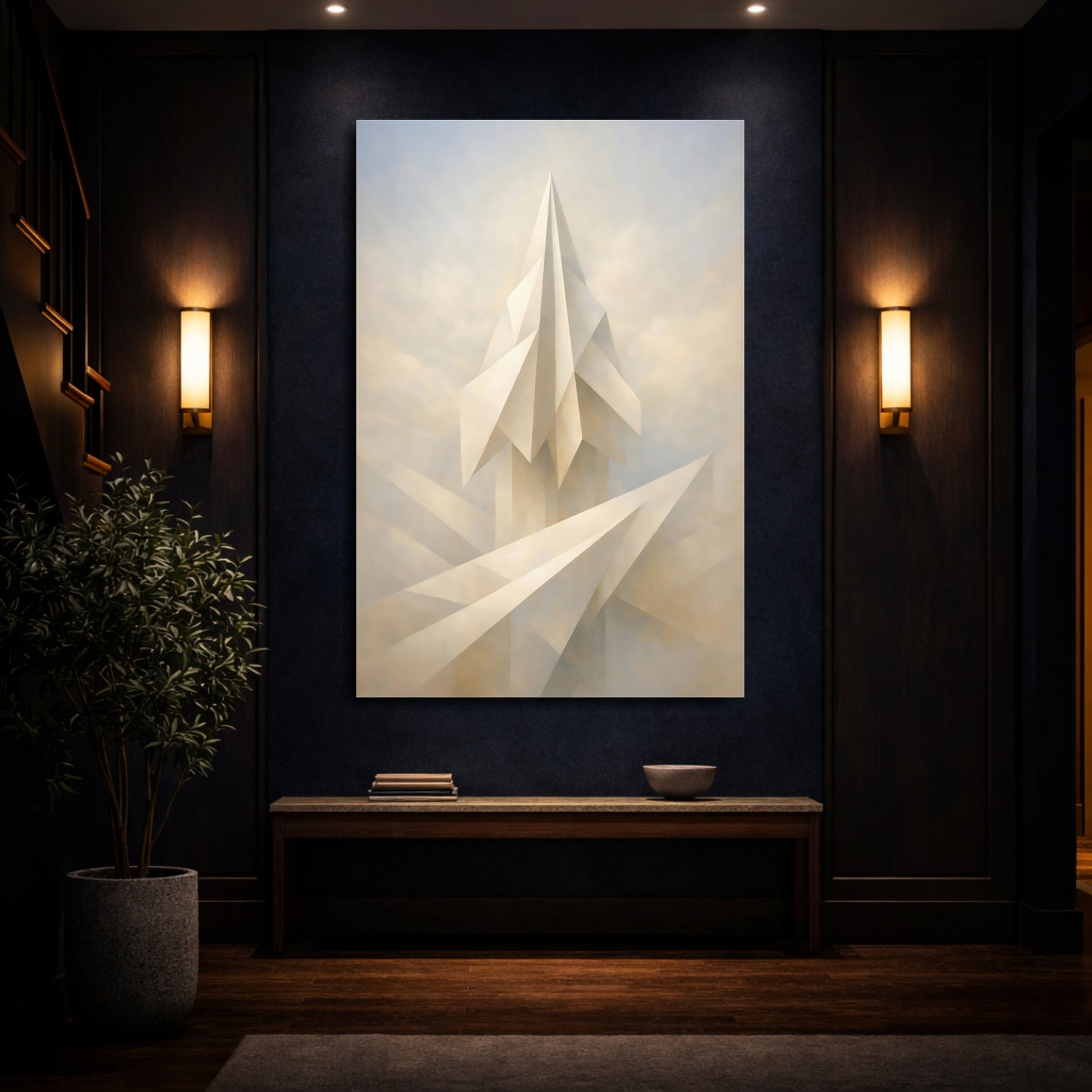 Mockup 3. Abstract Geometric Structure Cream White Abstract shown as stretched canvas wall art