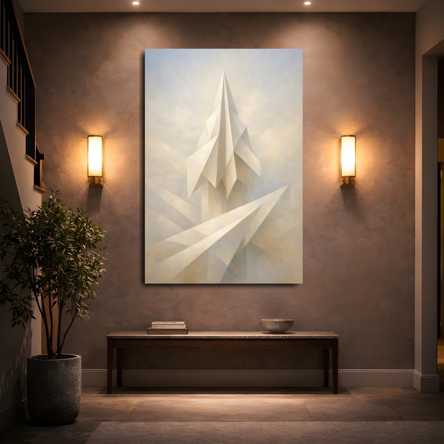 Mockup 4. Abstract Geometric Structure Cream White Abstract shown as stretched canvas wall art