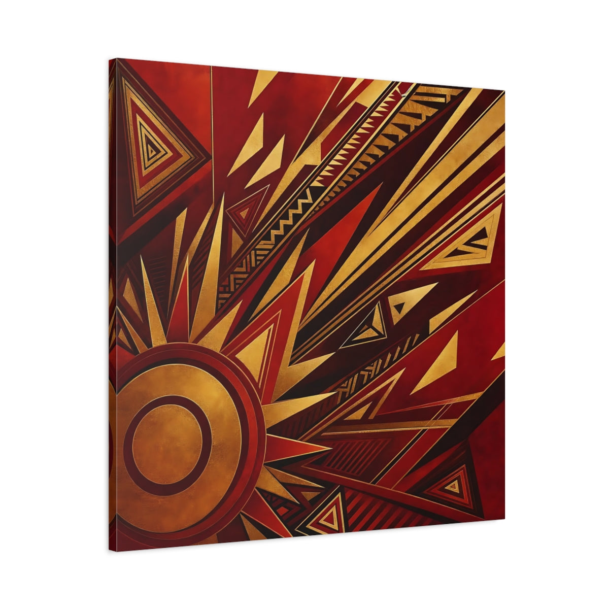 Main Mockup. Abstract Geometric Sunburst Red Gold Abstract shown as canvas print