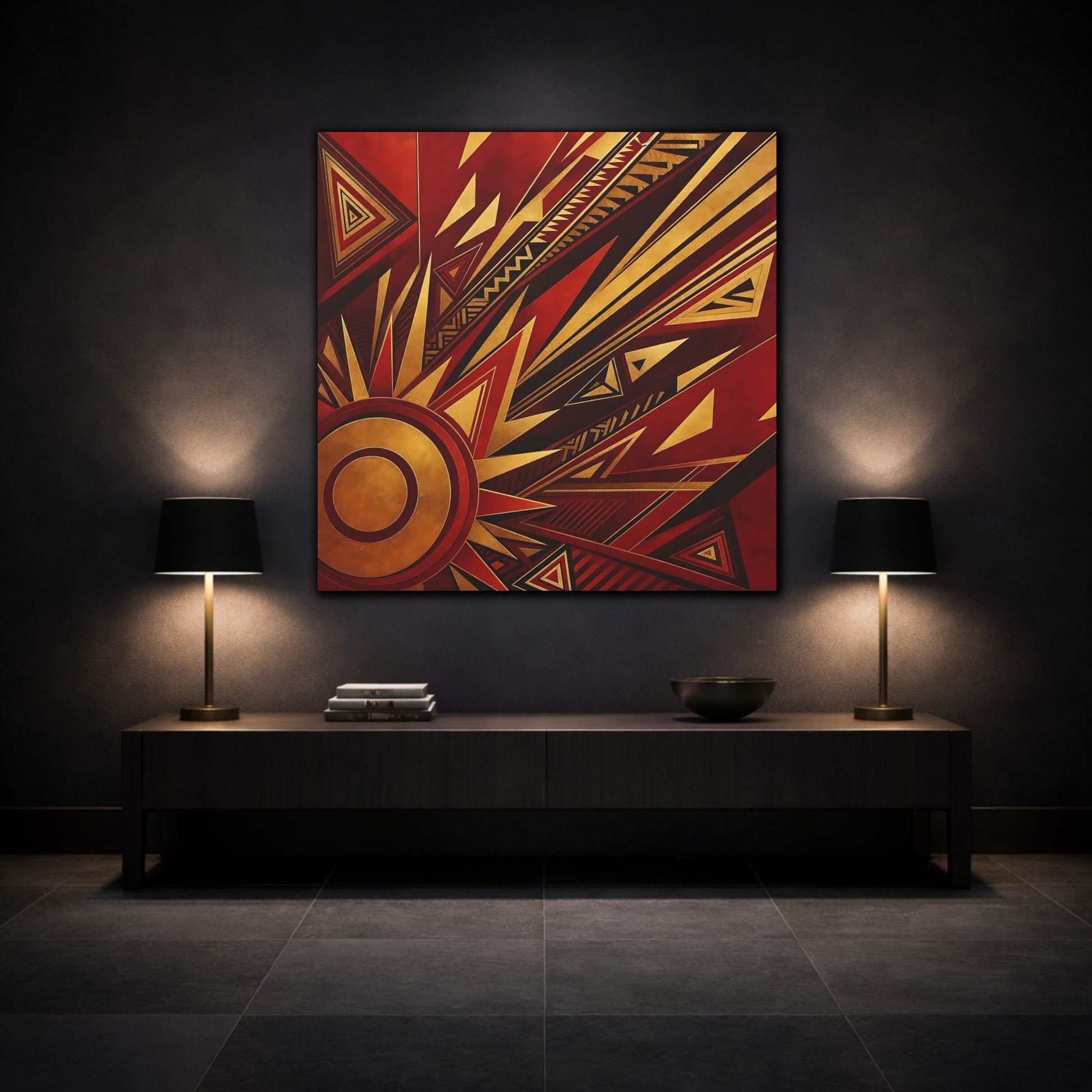 Mockup 3. Abstract Geometric Sunburst Red Gold Abstract shown as canvas print
