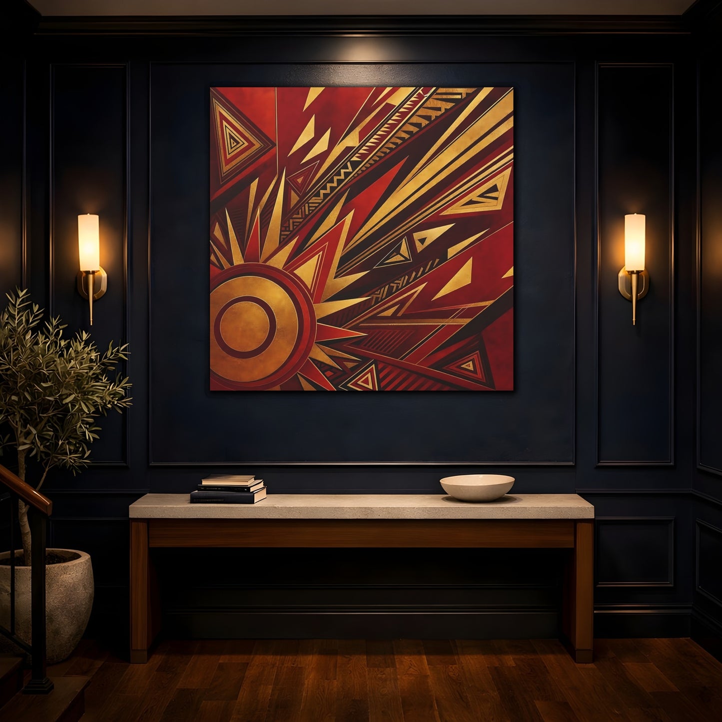 Mockup 4. Abstract Geometric Sunburst Red Gold Abstract shown as canvas print
