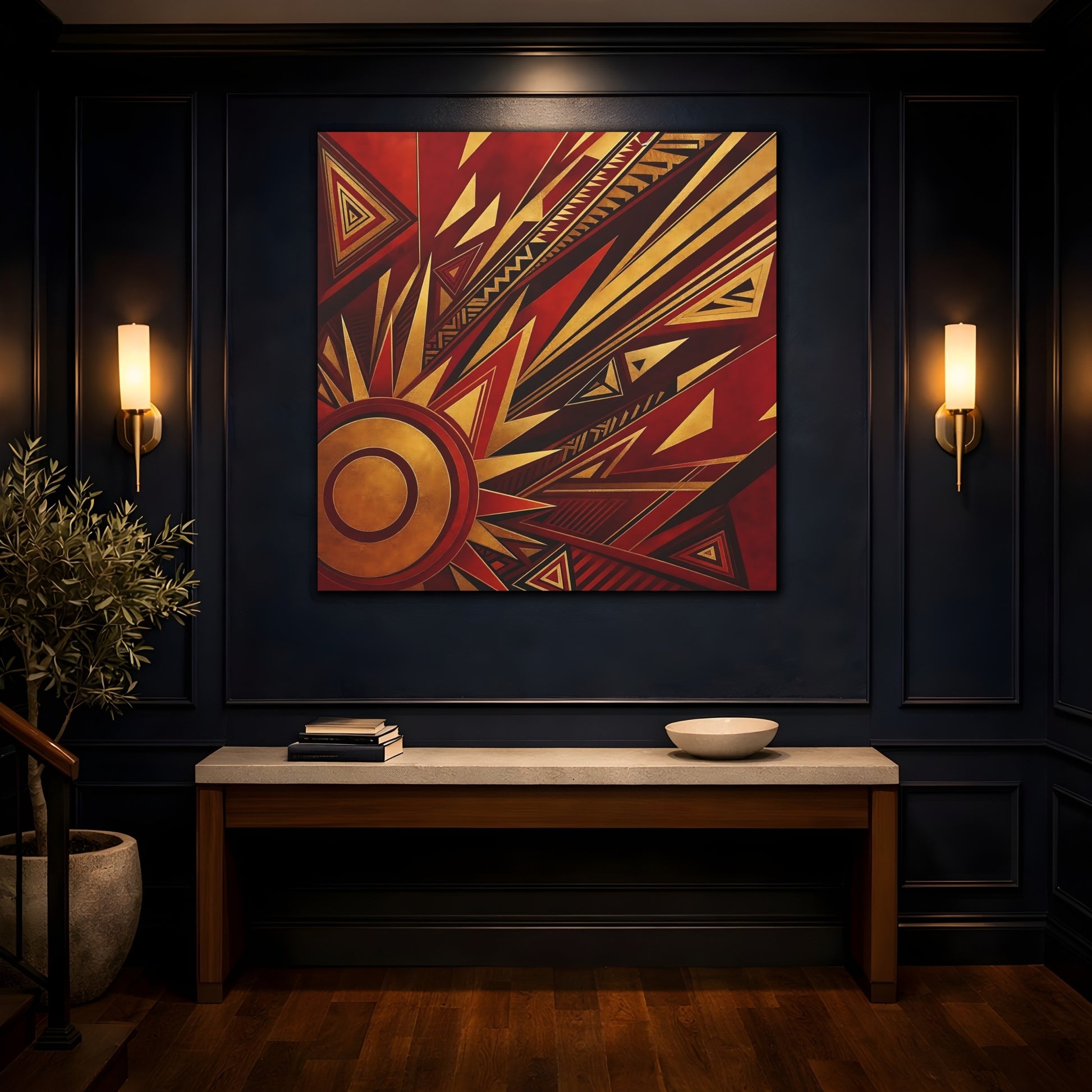 Mockup 4. Abstract Geometric Sunburst Red Gold Abstract shown as canvas print