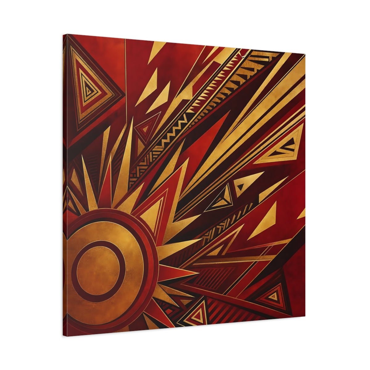 Abstract Geometric Sunburst Red Gold Canvas Print – Living Room, Above Console Table - YesArtYes