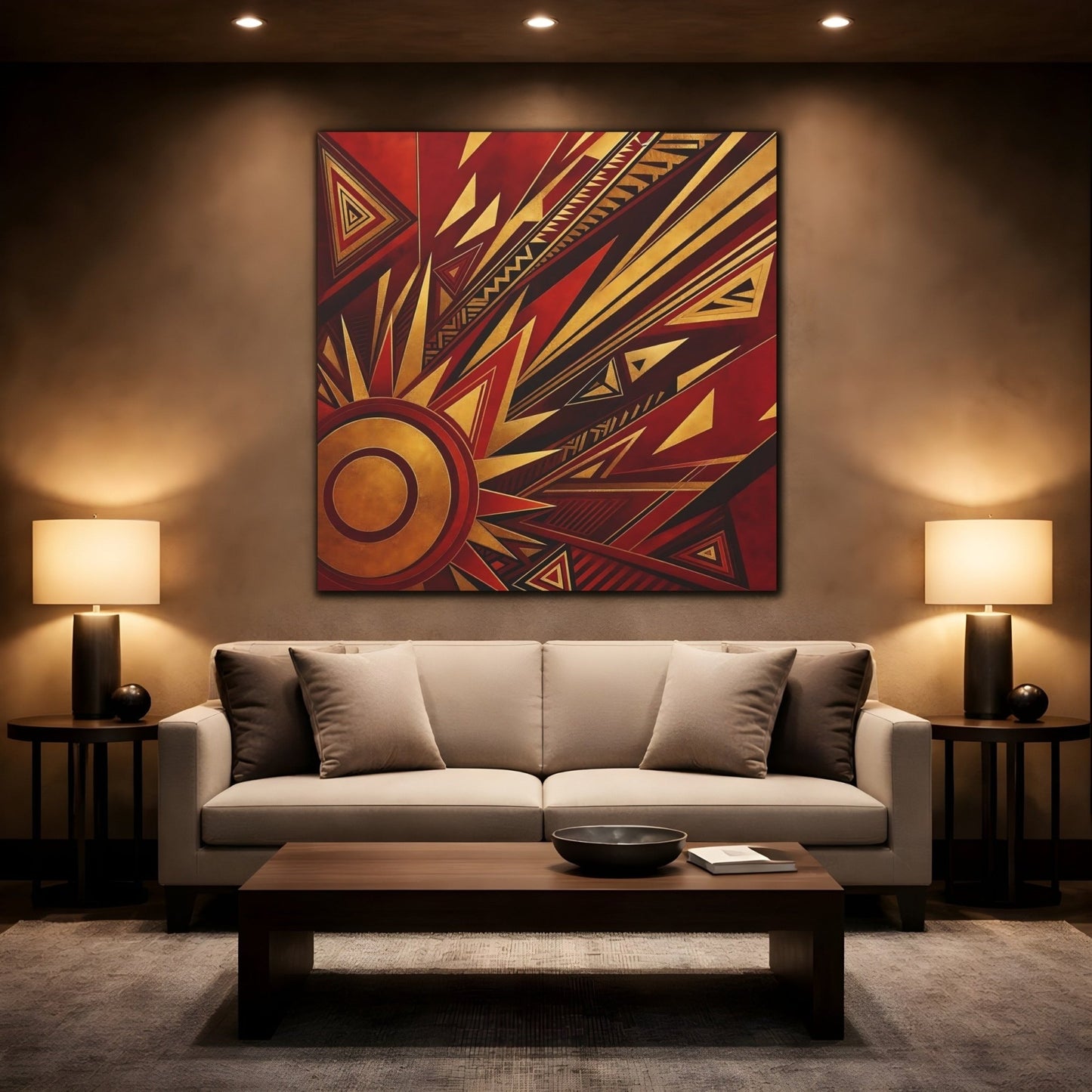Abstract Geometric Sunburst Red Gold Canvas Print – Living Room, Above Console Table - YesArtYes