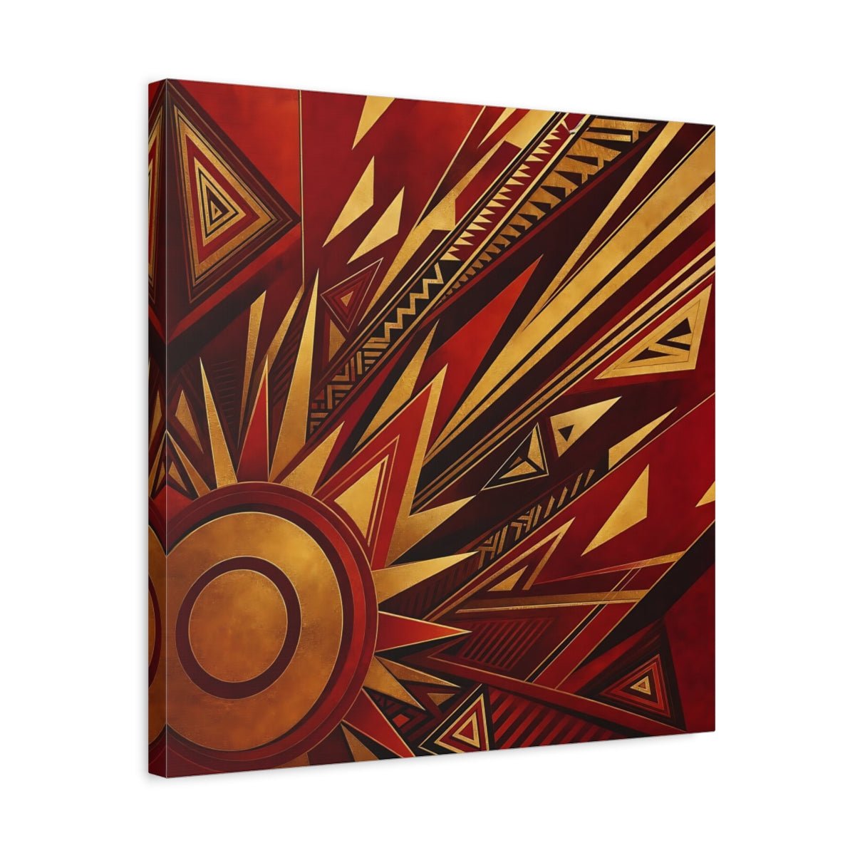 Abstract Geometric Sunburst Red Gold Canvas Print – Living Room, Above Console Table - YesArtYes