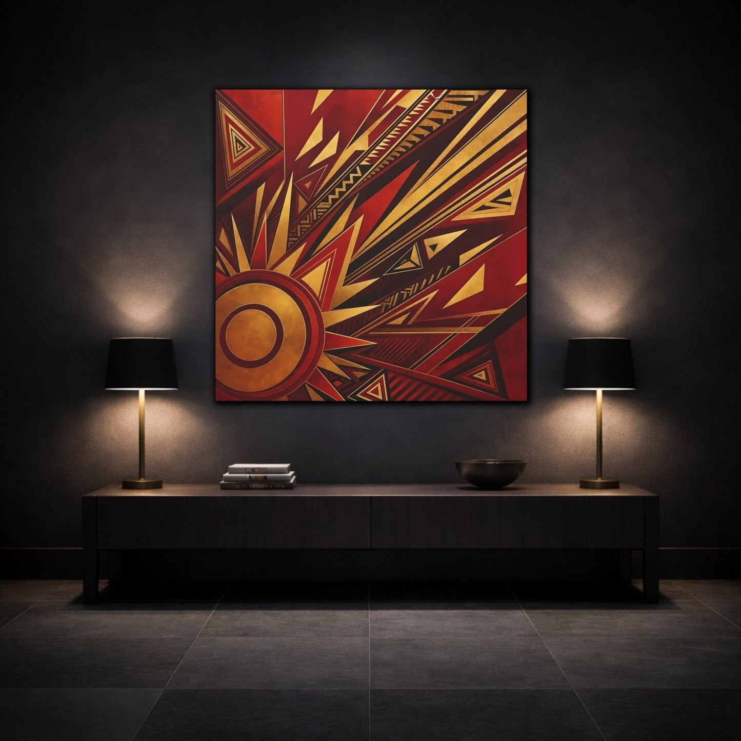 Abstract Geometric Sunburst Red Gold Canvas Print – Living Room, Above Console Table - YesArtYes