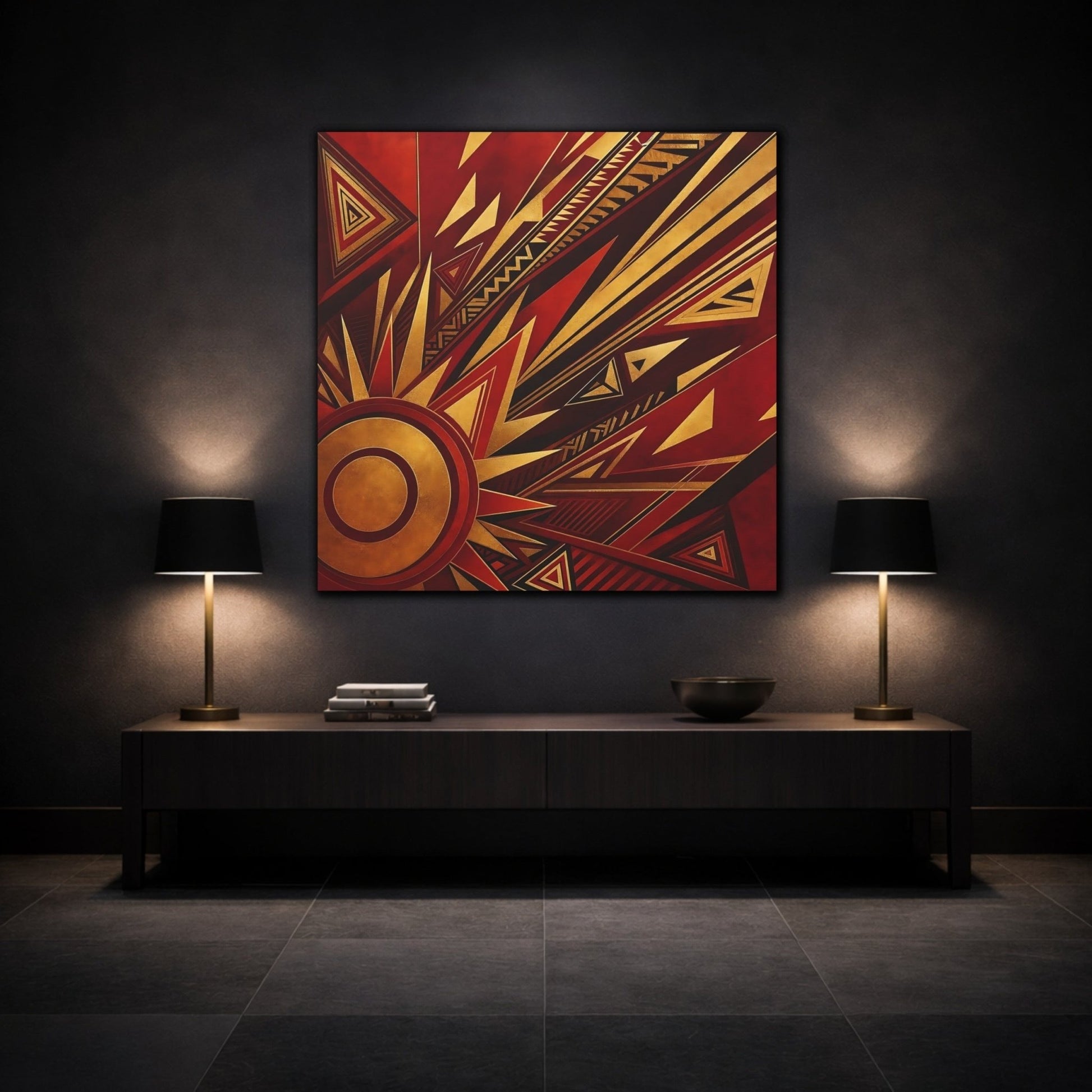 Abstract Geometric Sunburst Red Gold Canvas Print – Living Room, Above Console Table - YesArtYes