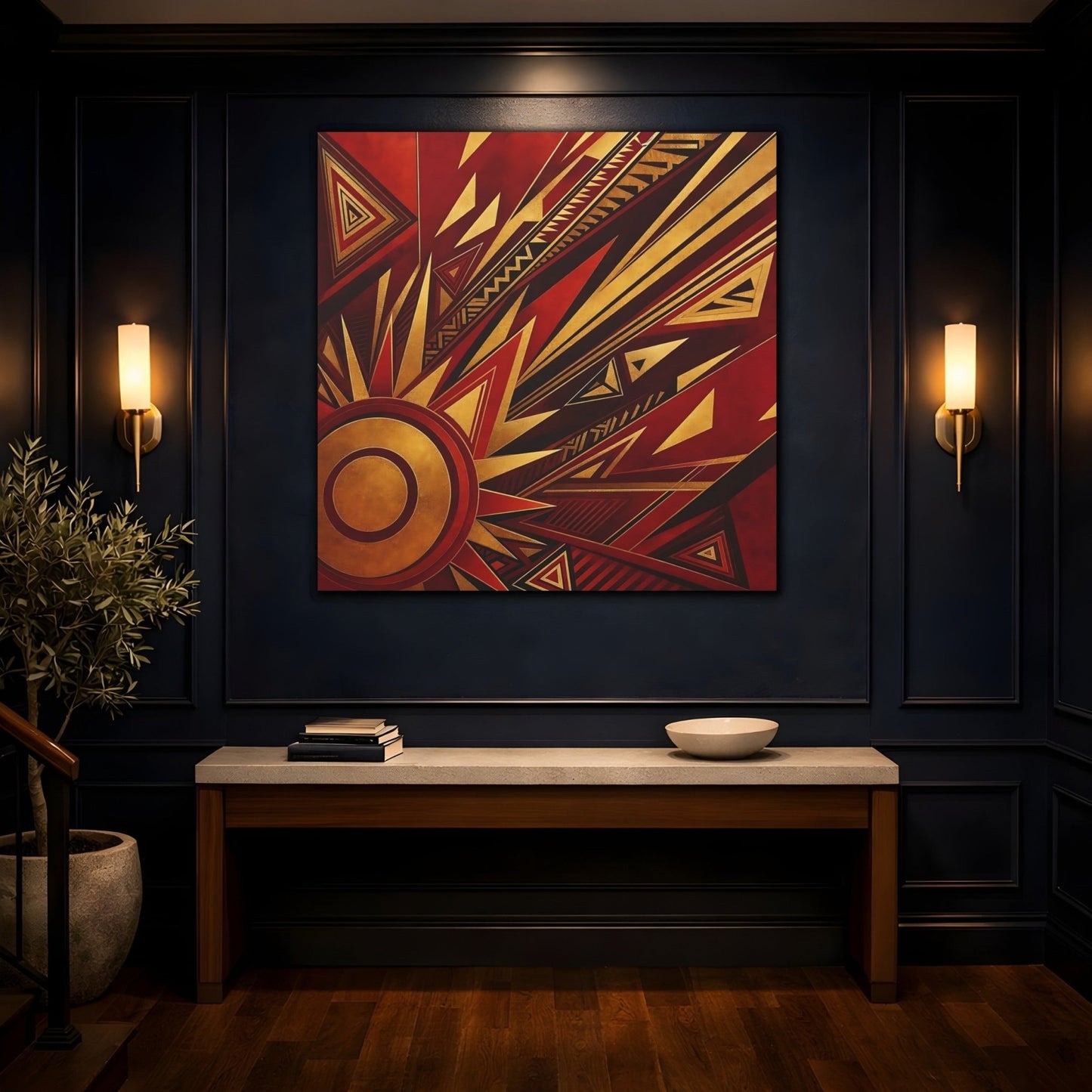 Abstract Geometric Sunburst Red Gold Canvas Print – Living Room, Above Console Table - YesArtYes