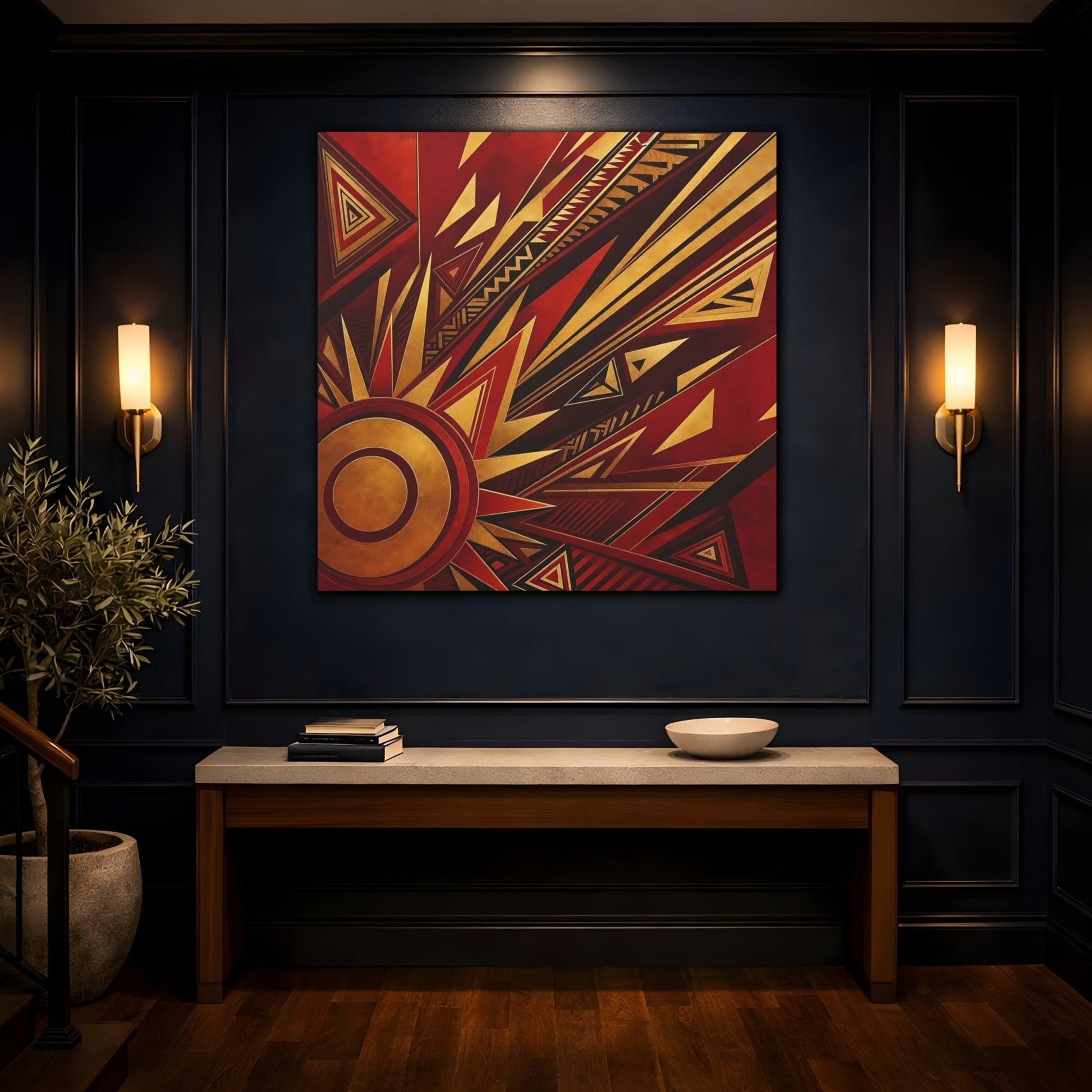Abstract Geometric Sunburst Red Gold Canvas Print – Living Room, Above Console Table - YesArtYes