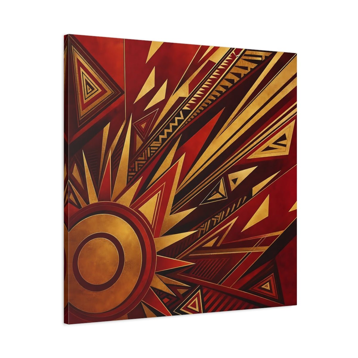Abstract Geometric Sunburst Red Gold Canvas Print – Living Room, Above Console Table - YesArtYes