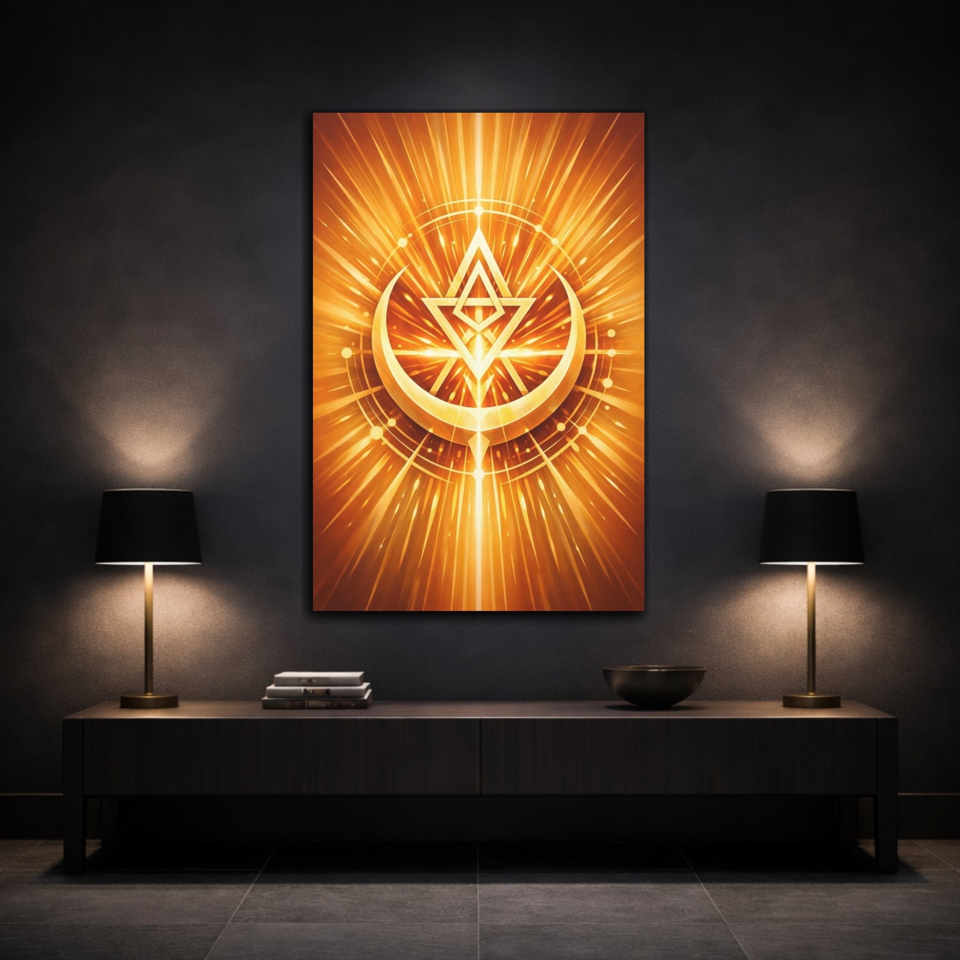 Mockup 2. Abstract Geometric Symbol Gold Abstract shown as stretched canvas wall art