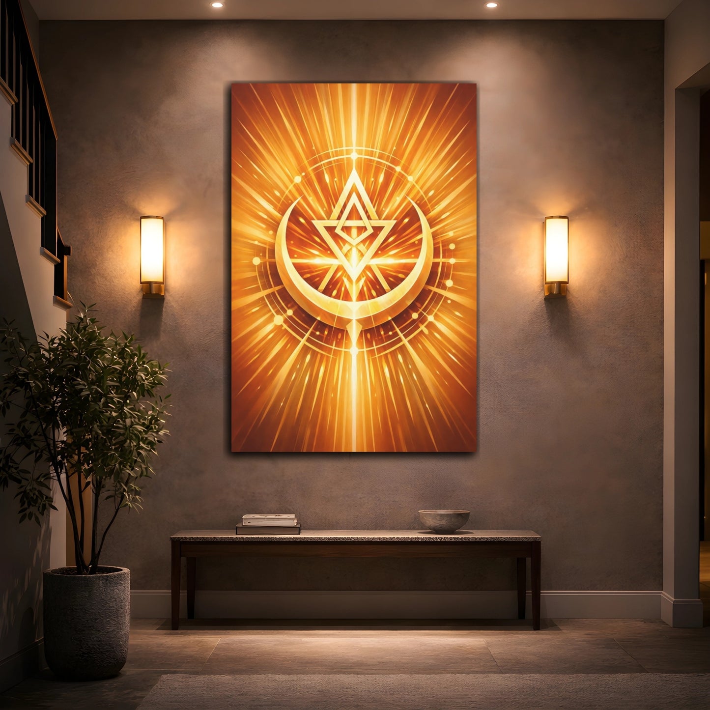 Mockup 3. Abstract Geometric Symbol Gold Abstract shown as stretched canvas wall art